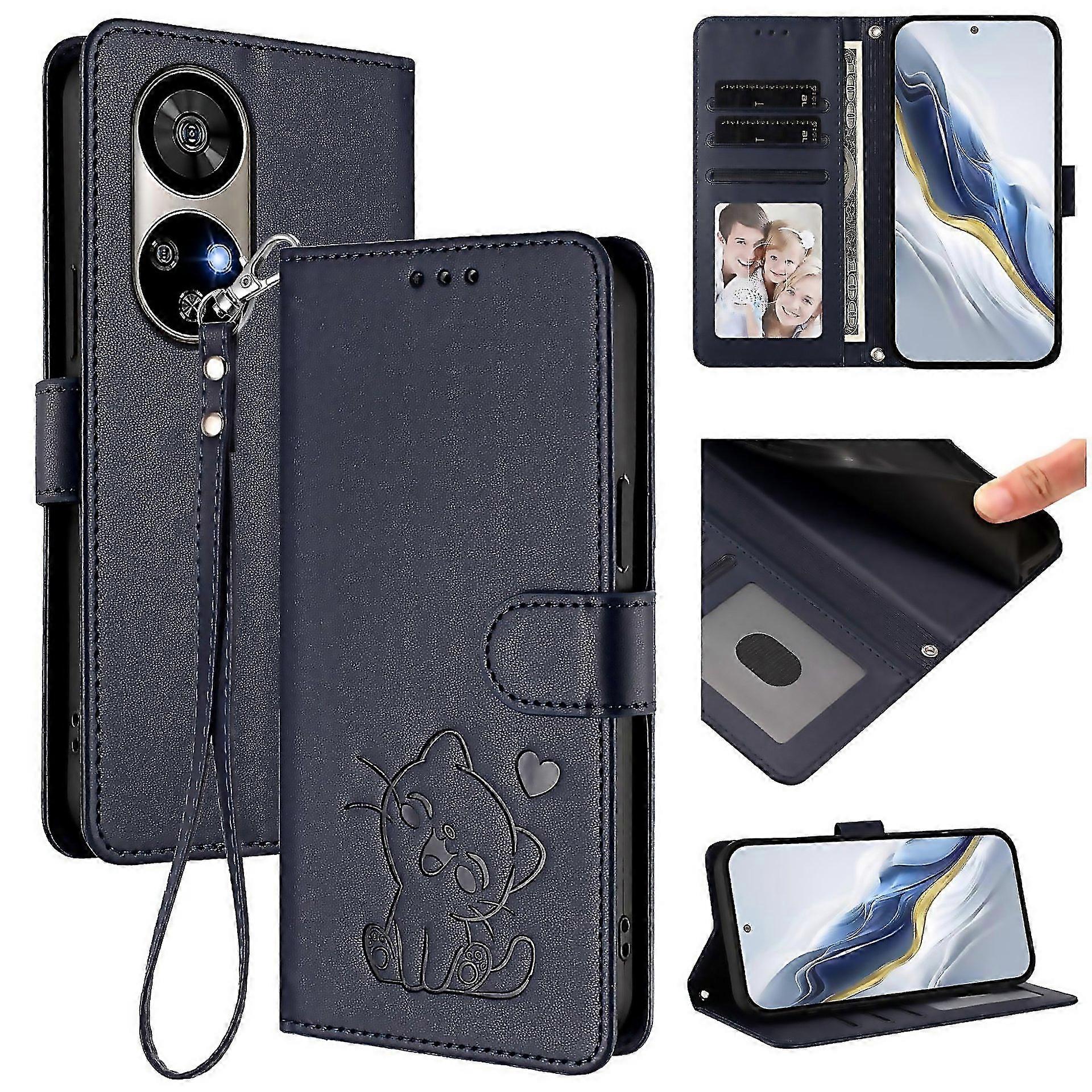 For Embossed Heart Cat Leather Phone Case With Hand Strap Suitable For Everyday Use