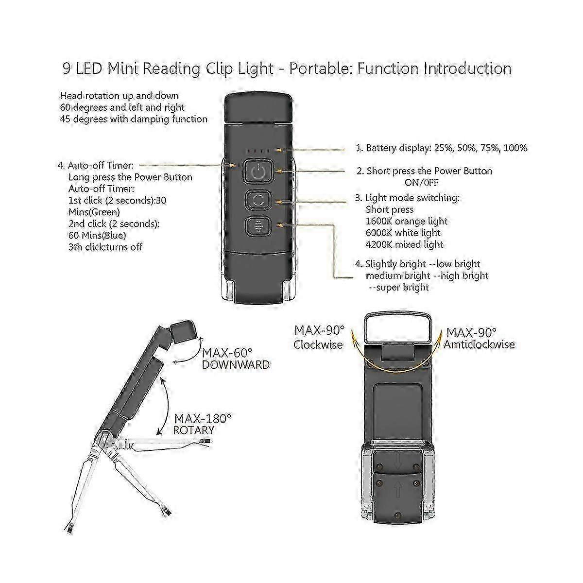 USB Rechargeable Book Light with Timer & 5 Brightness Settings - Clip-on Reading Lamp for Night Use