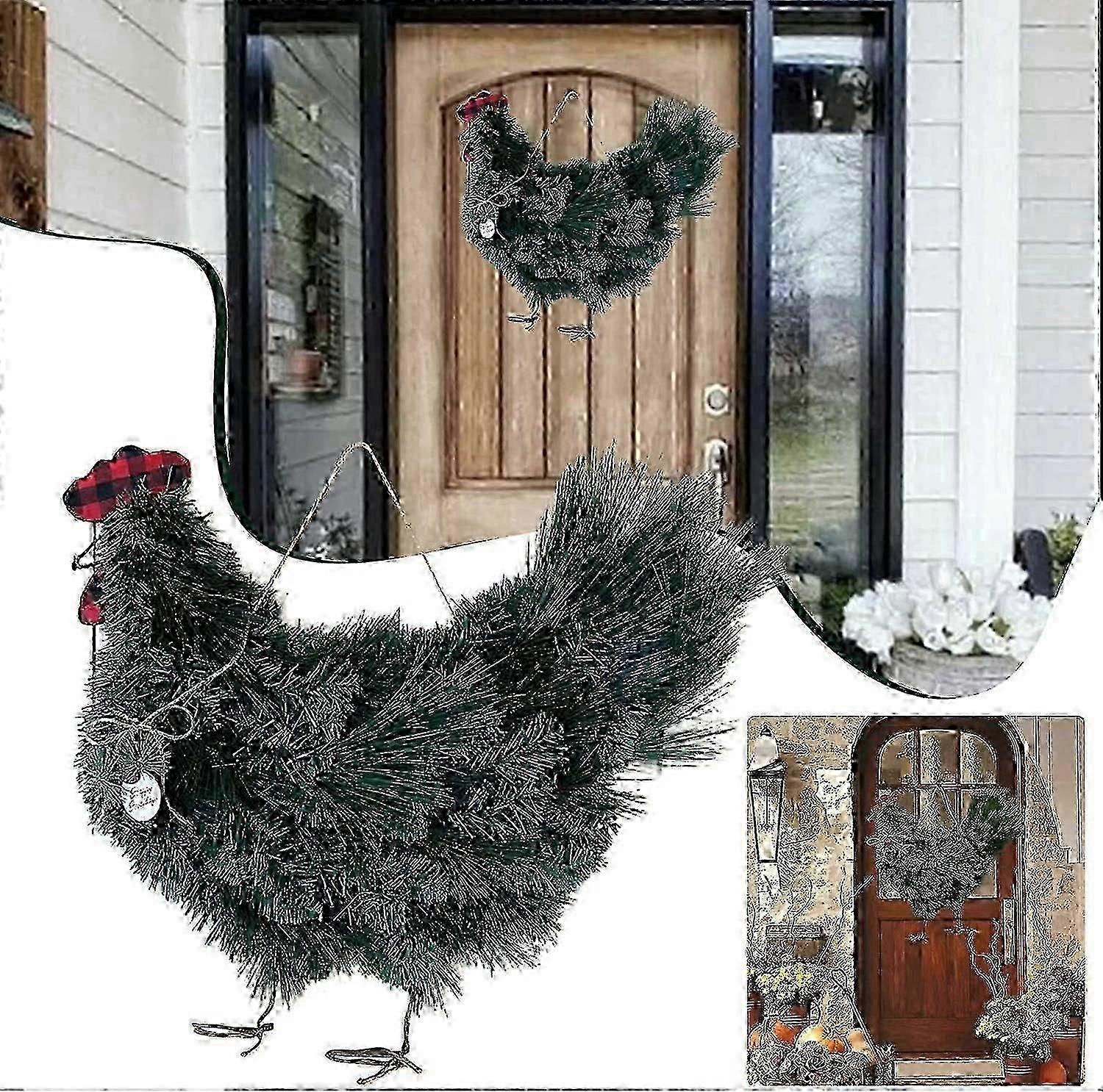 Xmas Rooster Chicken Wreath, Artificial Branches Green Leaves Garland for Front Door
