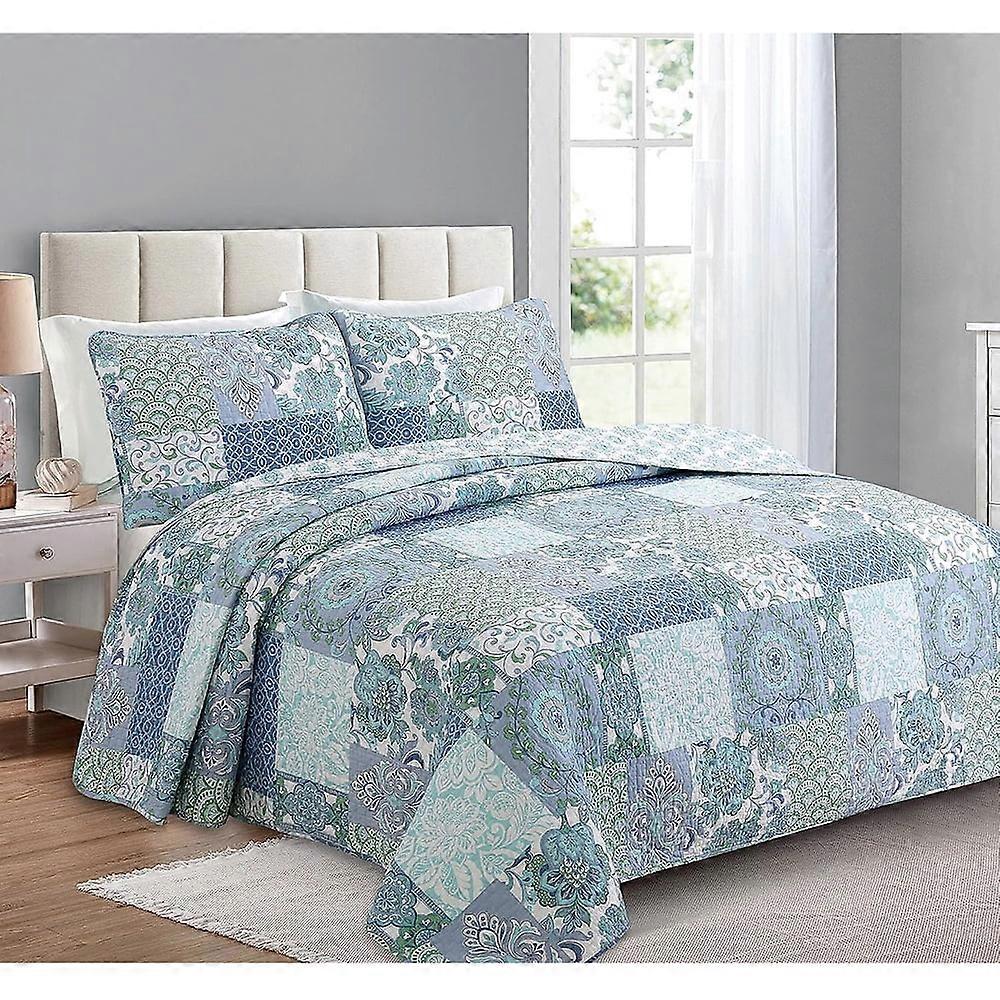 Blue Fleur-de-lis Stylish Floral Patchwork Cotton Reversible Bedding Quilt Set, Bedspread, Queen - 3 Piece