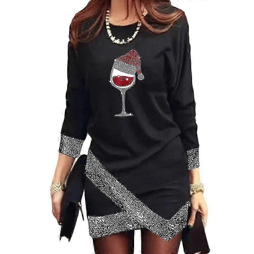 Noel Partisi Kadın Baskılı Uzun Kollu Mini Elbise Düzensiz Elbiseler