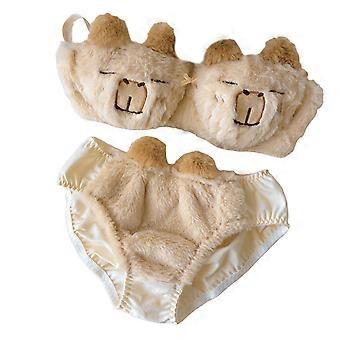 Dames Schattige Capibara Dieren Cosplay Ondergoed Anime Harige Draadloze Beha en Panty Set Japanse Cartoon Pluche Lingerie abrikoos M