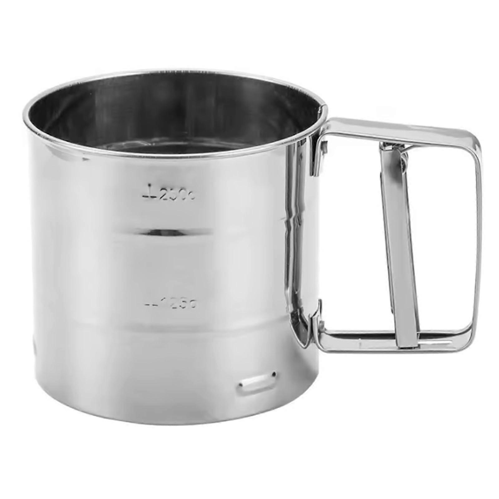 SemiAutomatic Fine Mesh Flour Sieve Sifter With Measuring Scale Stainless Steel Icing Sugar Filter Cup Strainer Silver