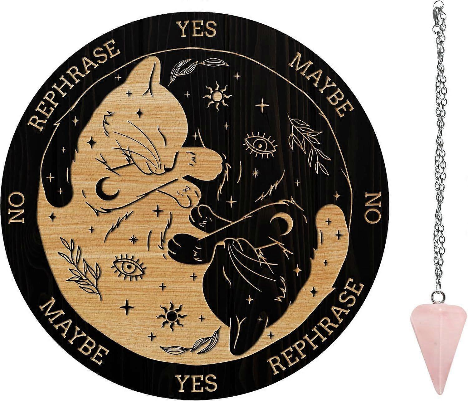 Pendulum Board Set Wooden Dowsing Divination Board Metaphysical Message Board with Pendulum Necklace for Supplies Kit Cat Sun Moon