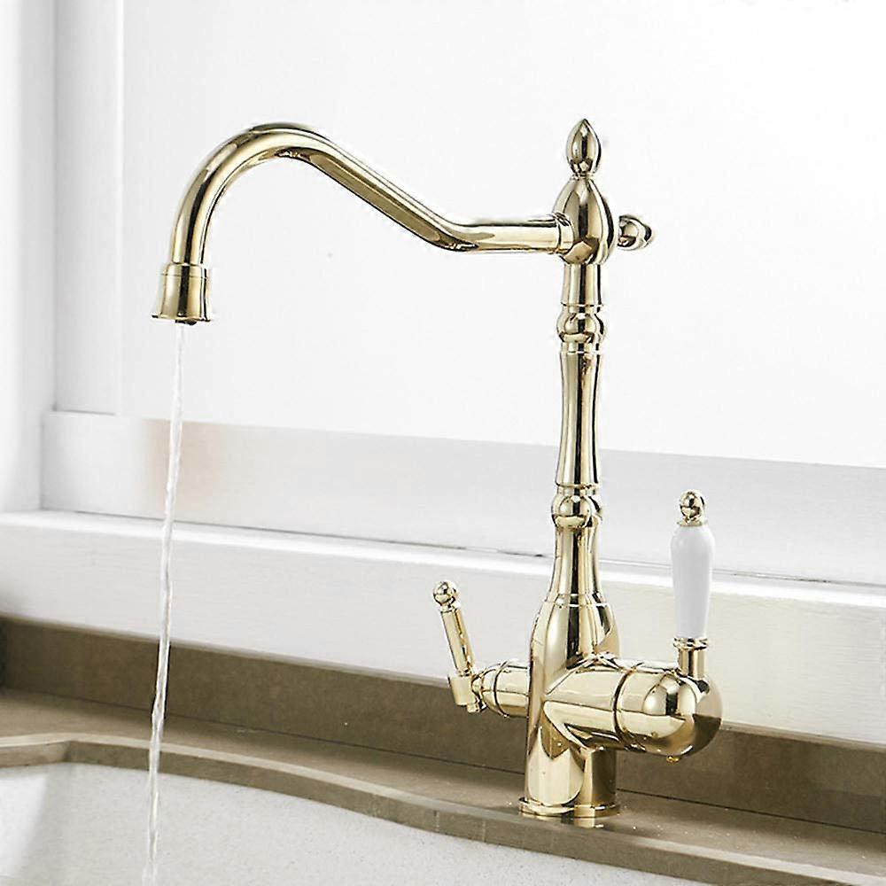 Gold Finish 3 Way Kitchen Mixer Tap with Filter, Dual Outlets and 360 Swivel Spout