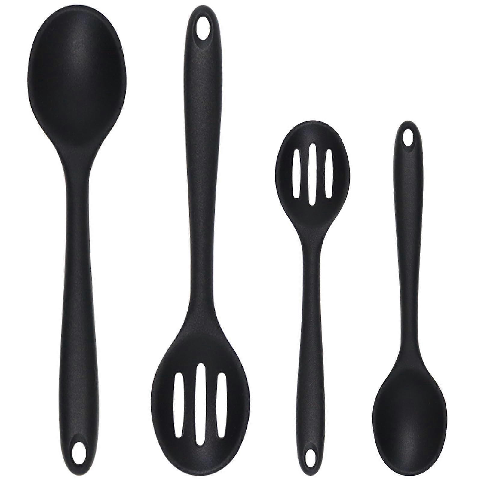 Silicone Cooking Spoons Set 4PCS Heat Resistant Nonstick Safe Small and Large for Mixing Baking Stirring Black