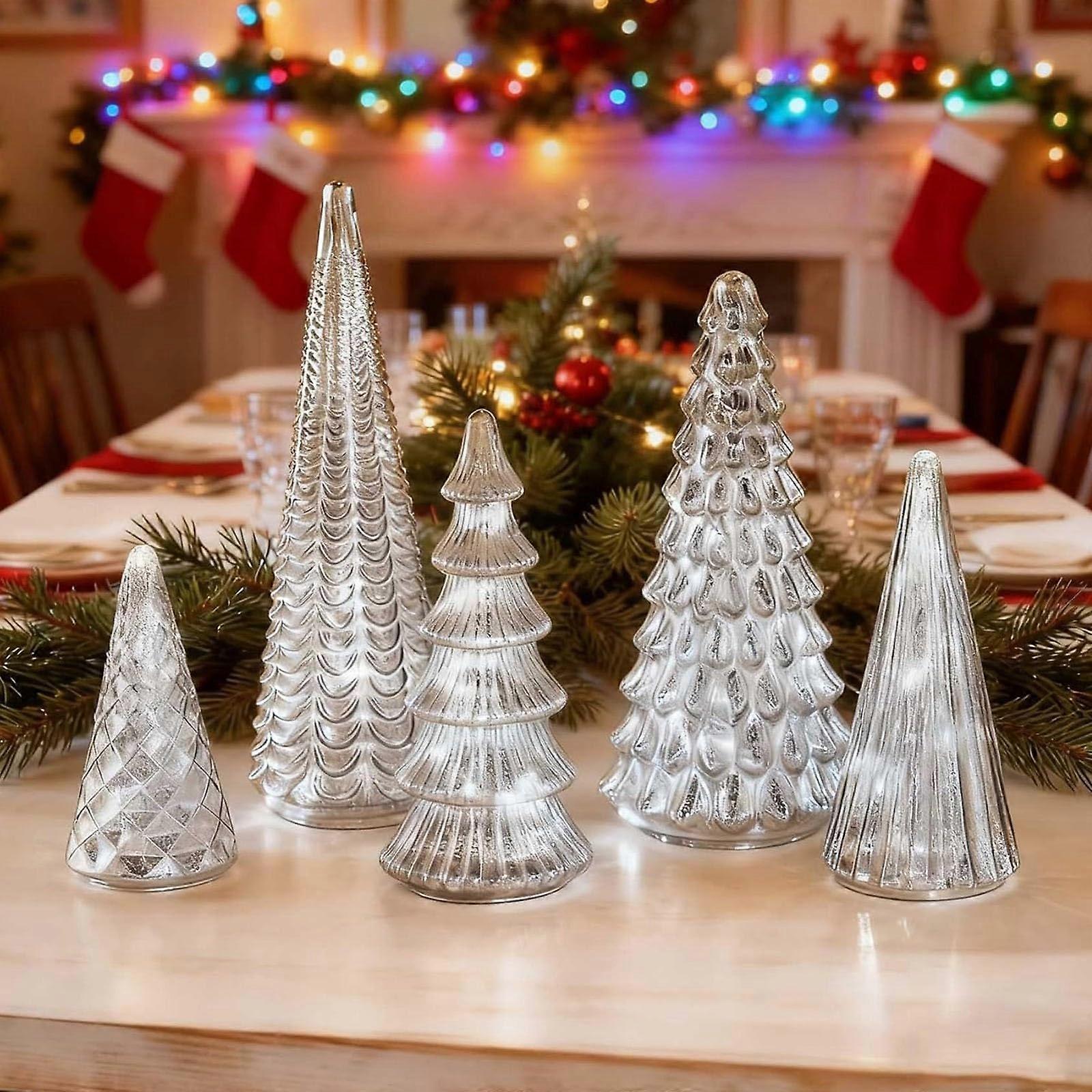 Set of 5 Lighted Christmas Trees with Warm Glow, Silver Mercury Glass Holiday Decor for Home