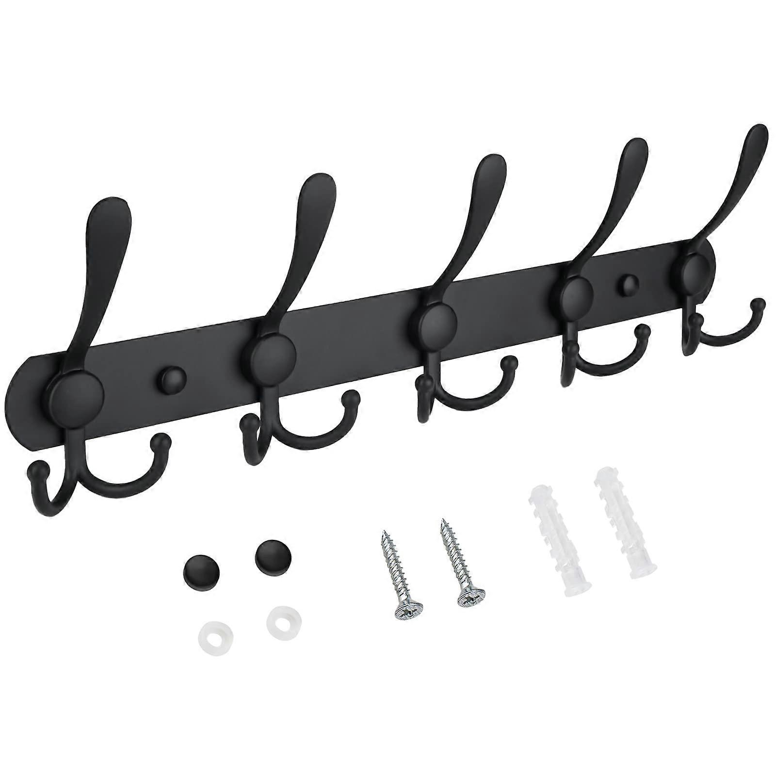 Wall Mounted Coat Rack with 5 Heavy Duty Tri Hooks, Matte Black for Entryway, Mudroom, Jackets and Hats