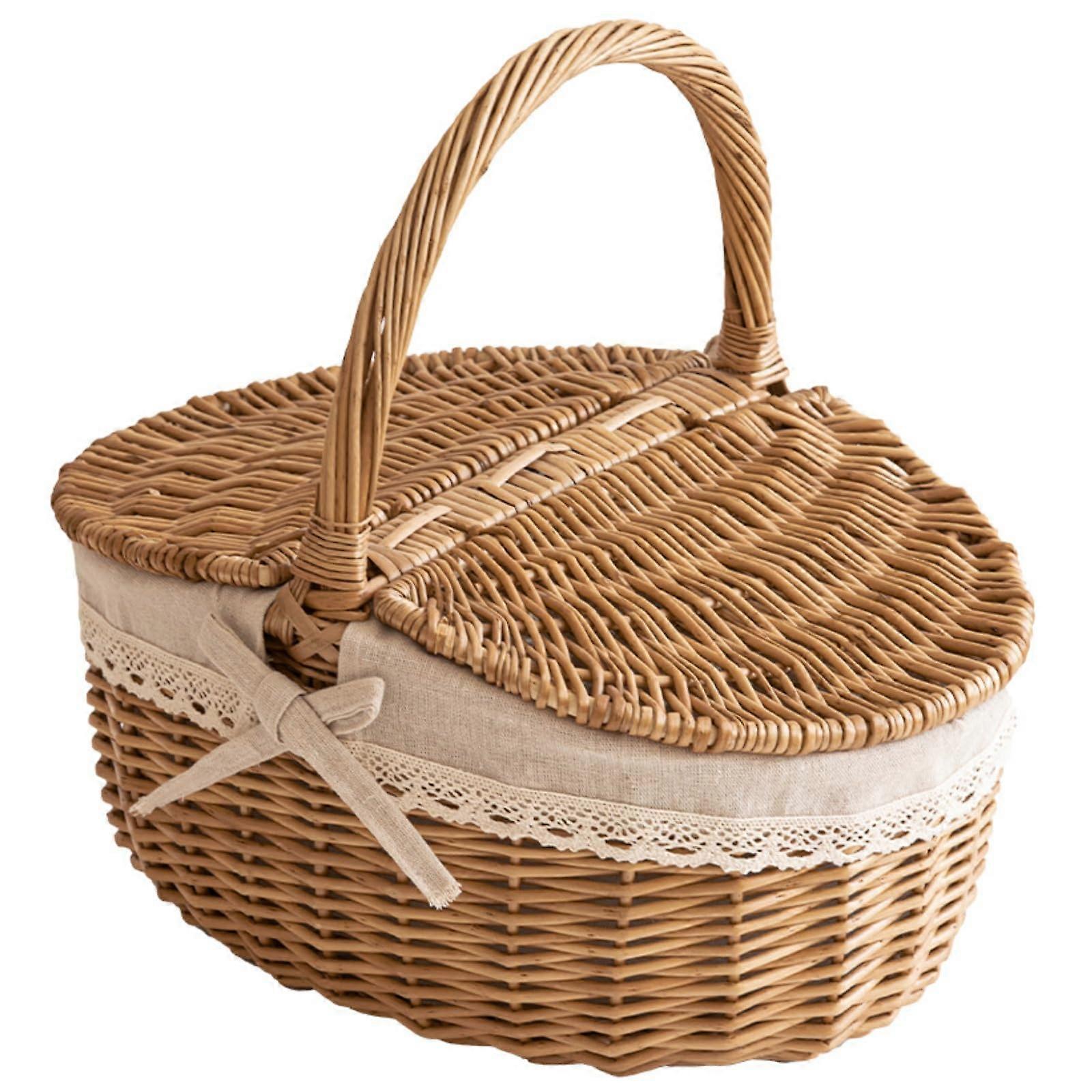 Large Handwoven Wicker Picnic Basket with Handles, Rustic DoubleLid Willow Hamper with Cloth Lining