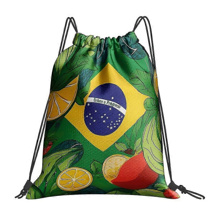 1pc 2D Printed Brazil Flag Element Drawstring Gym Bag - Green Leaf Pattern Drawstring Backpack, Practical Polyester Trav-Cqazw