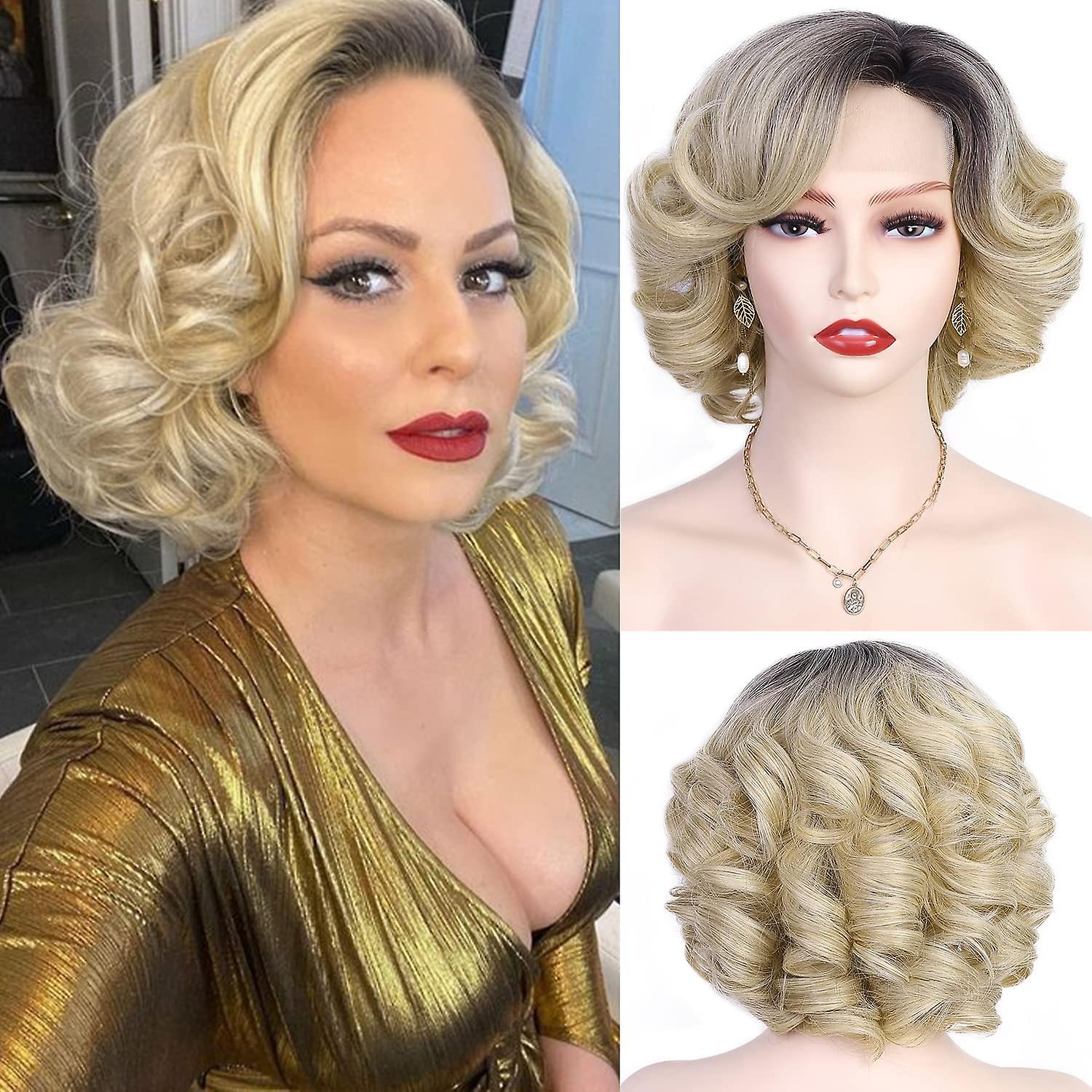 Blonde Wig Short Curly Bob Wig No Lace Curled Bob (Ombre Blonde)