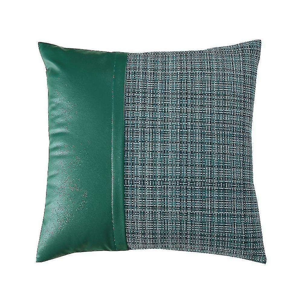Green Plaid Throw Pillow Case With Leather Stitching Home Decoration 50x50cm