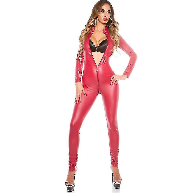 Erotic Wet Look Jumpsuit Women Faux Zipper Open Crotch Bodysuit Pu Catsuit Erotic Pole S-5xl