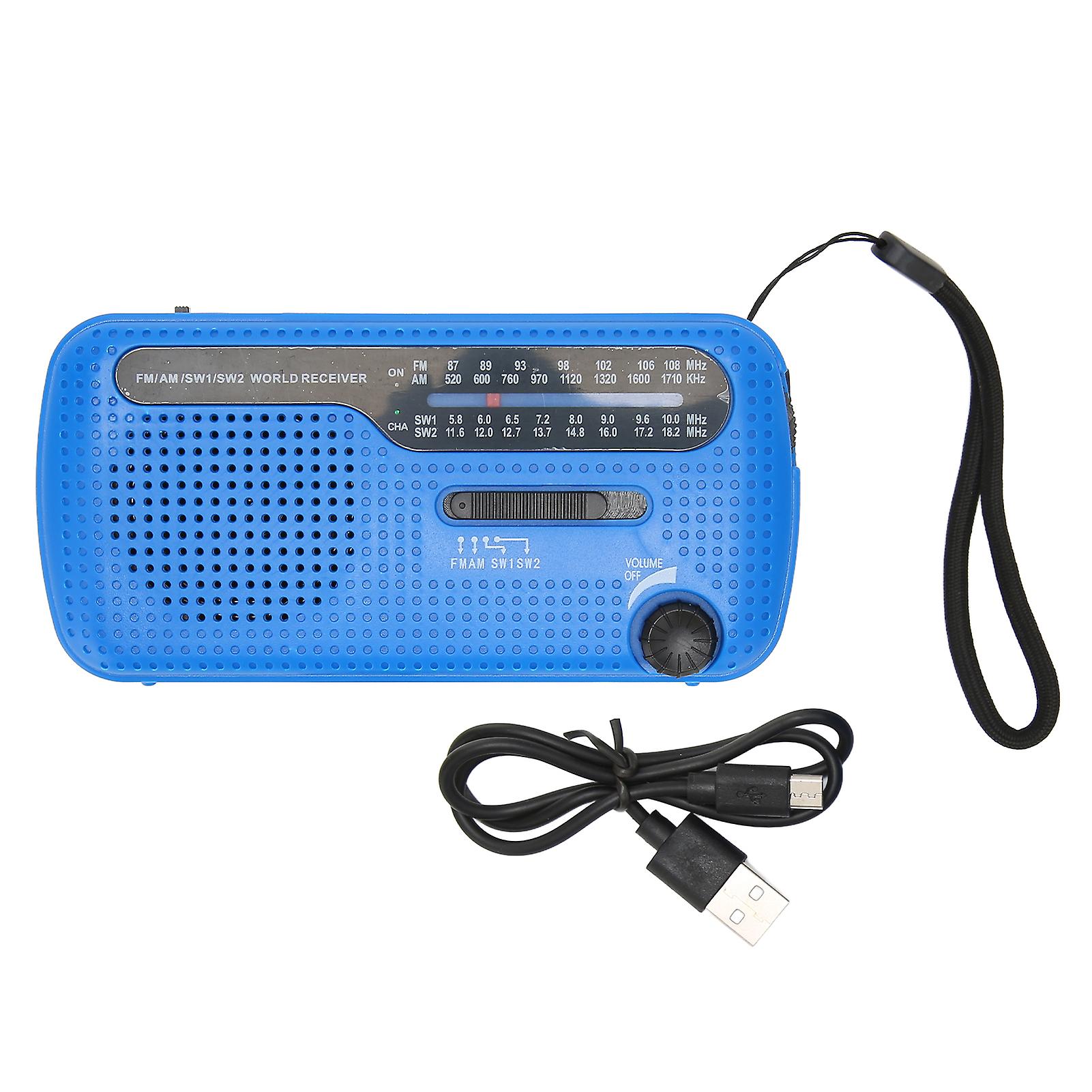 Solar Hand Crank Radio AM FM SW1 SW2, Multi-Band LED Flashlight for Camping, Outdoor Emergency Radio, Blue