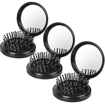 3pcs Folding Travel Hair Brush With Mirror, Mini Comb\\/wet Brushes, Compact Gift
