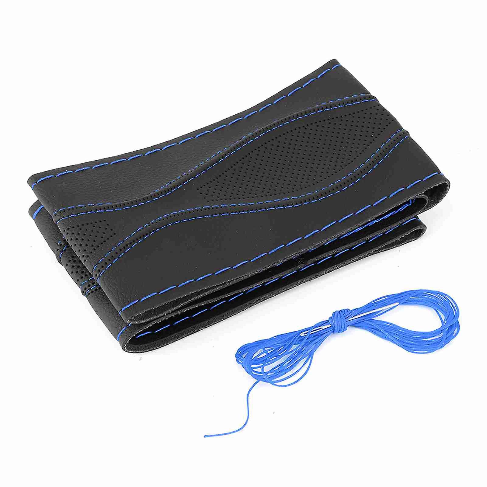 Housse de volant en cuir 38 cm/15 po, coutures à la main, gaufrage avec aiguille et fil, universelle, noir et bleu