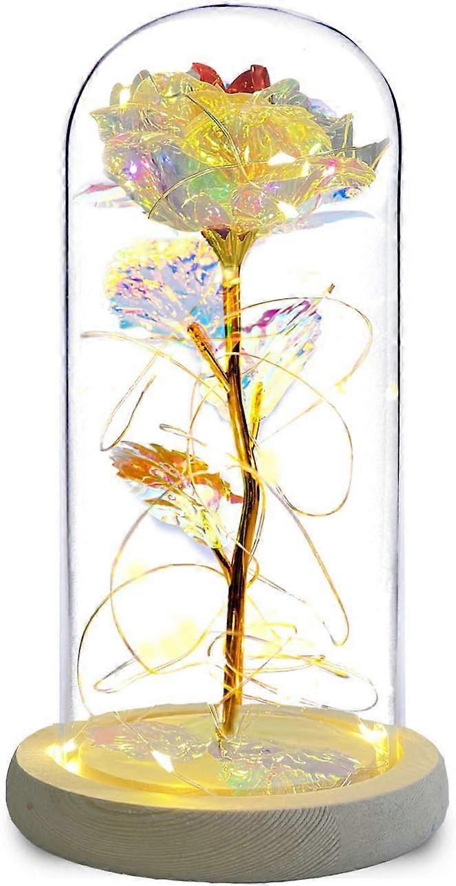 Beauty and the Beast Rose in Glass Dome with Colorful Galaxy Rose LED String Lights (Battery Not Included), Warm White Light Log + Three Leaves