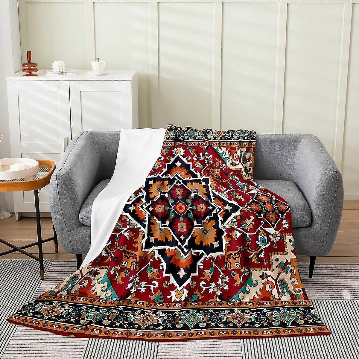 Tribal Floral Blanket Throw 50x60 Inch Geometric Flowers Throw Blanket Red Teal Green Square Lattice Fleece Blanket Exotic Retro Bohemian Room Decor I