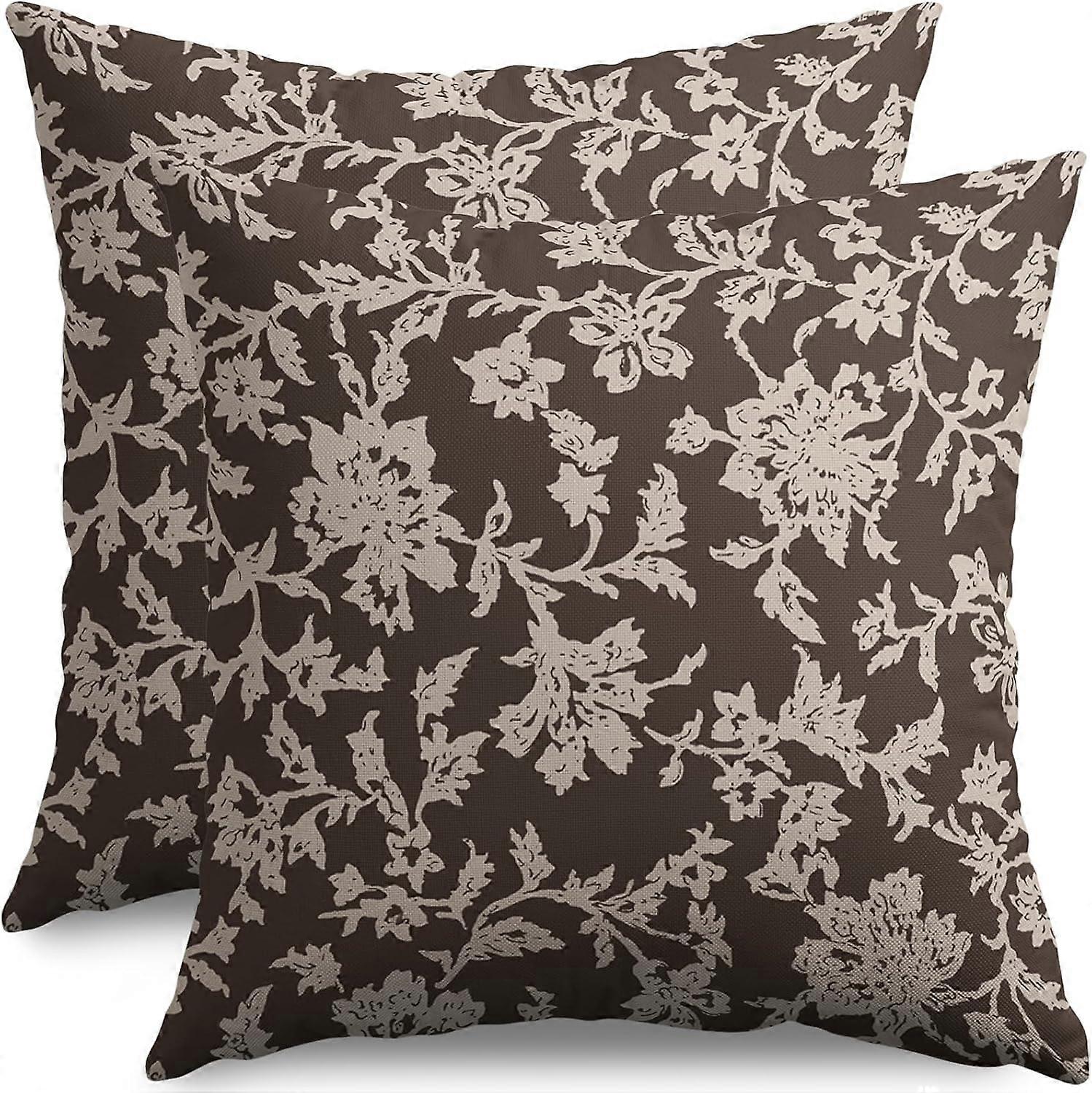 Vintage Floral Block Print Pillow Covers 18x18 Set of 2 Dark Brown Cream Flower Pattern Rustic Old Style Decorative Throw Pillow Cases Outdoor Farmhou