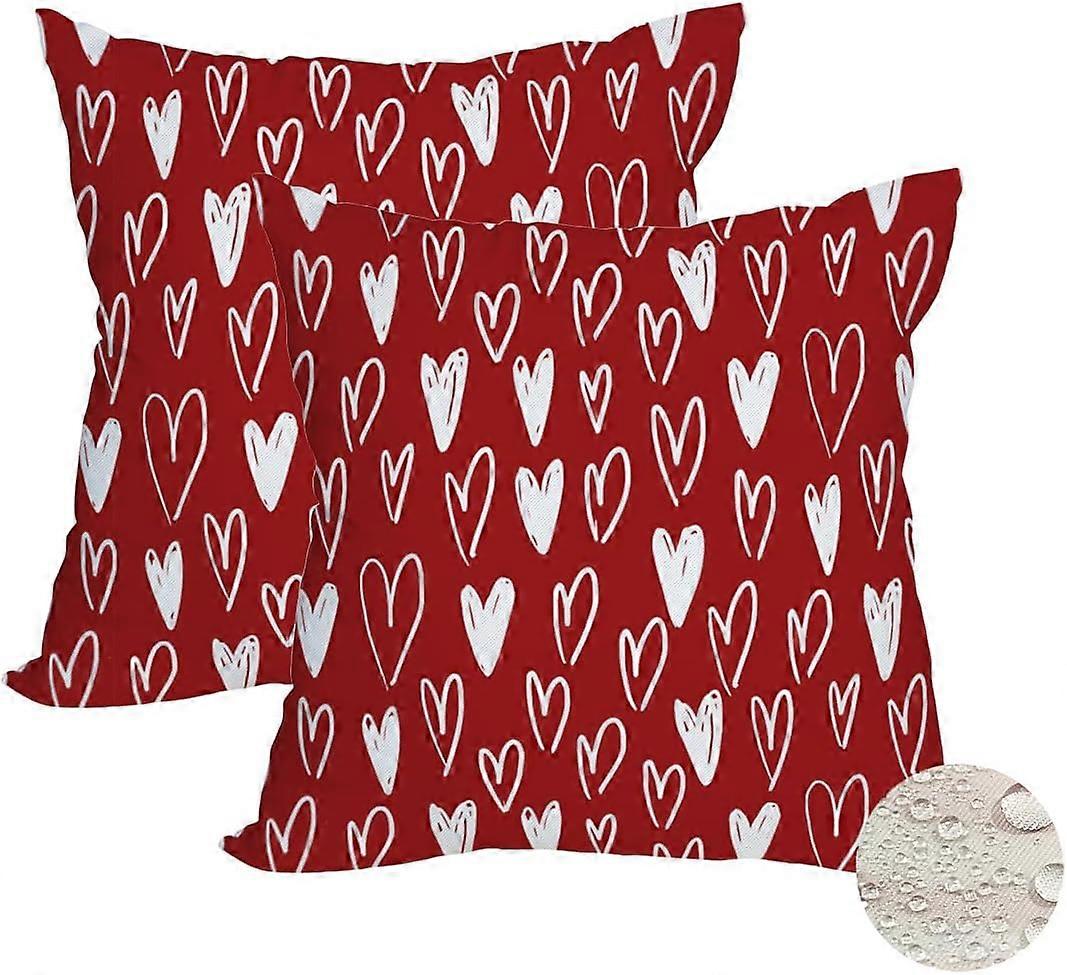 2パック防水屋外バレンタインデー枕カバー18x18インチホワイトレッドラブハートホリデースロー枕ケースロマンチックなバレンタイン農家の装飾