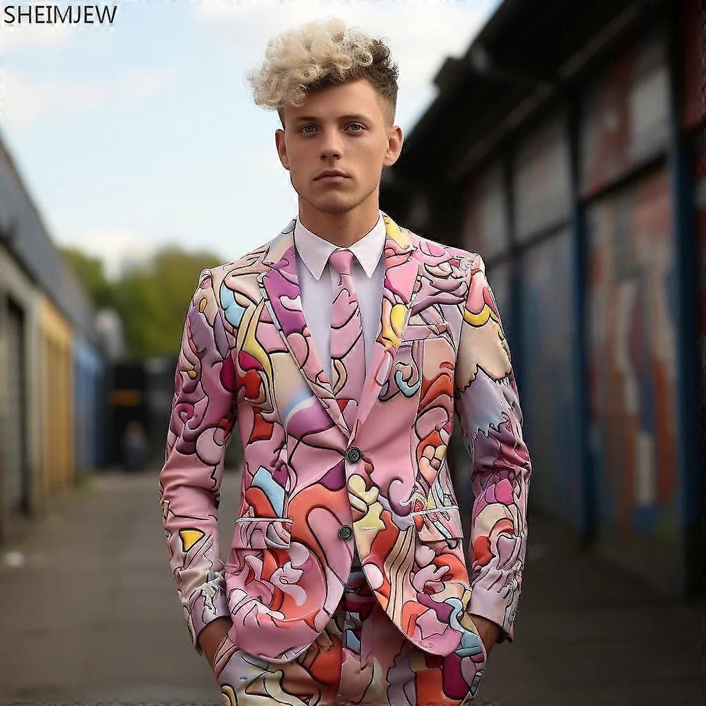 New Men's 3D Digital Printing Suit Long-sleeved Casual Colour Blocking Slim Suit Cos Party Stage Nightclub Cool Performance Suit
