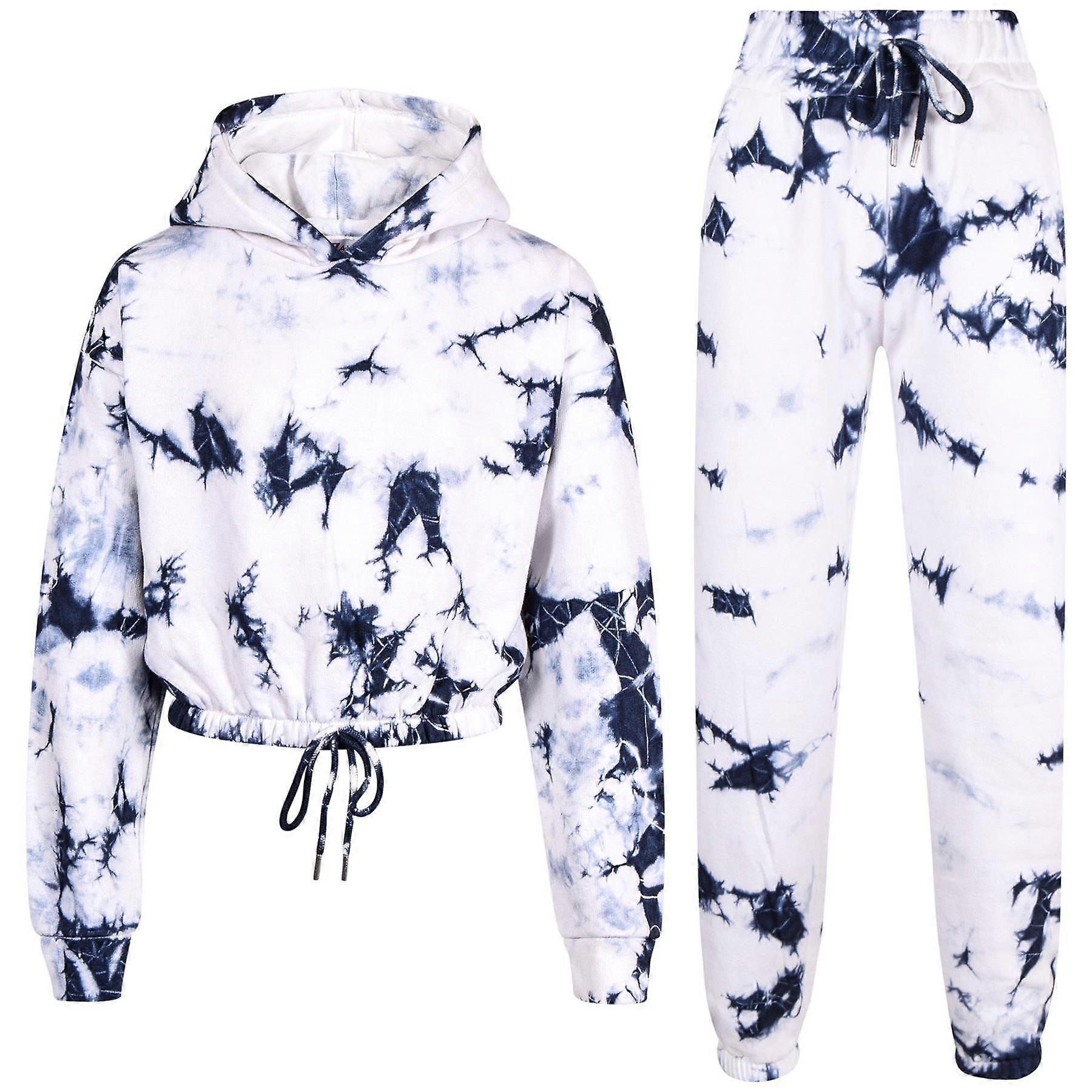 Girls Tie Dye Printed 海军蓝短款连帽衫和下装运动服