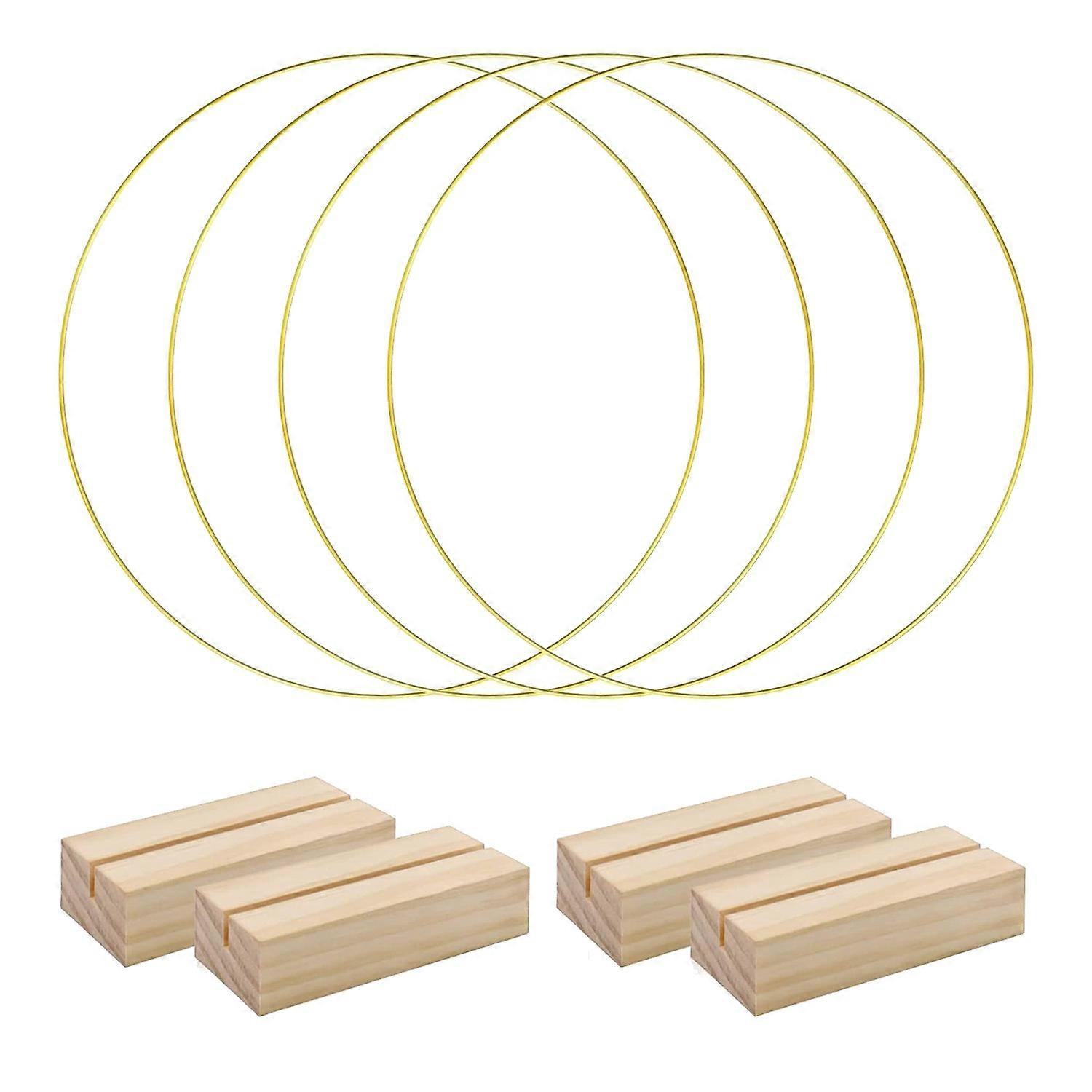 4 PCS 12 Inch Metal Hoop Centerpiece for Table, Metal Wreath Ring with 4 PCS Wood Place Card Holder
