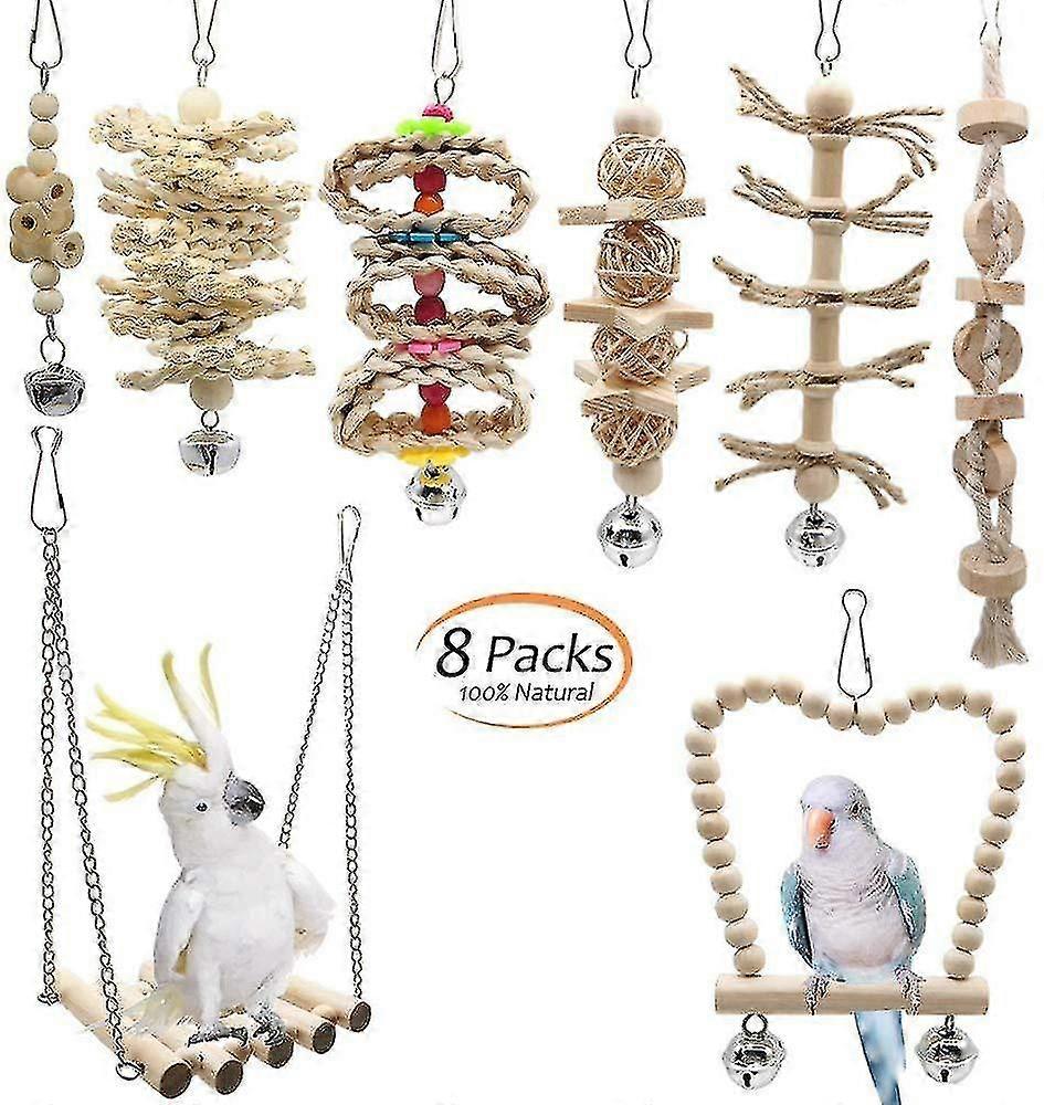 Set Of 8 Wooden Swing Hammock Chew Toys Bird Toys For Parrots Budgies Cockatiels Canaries
