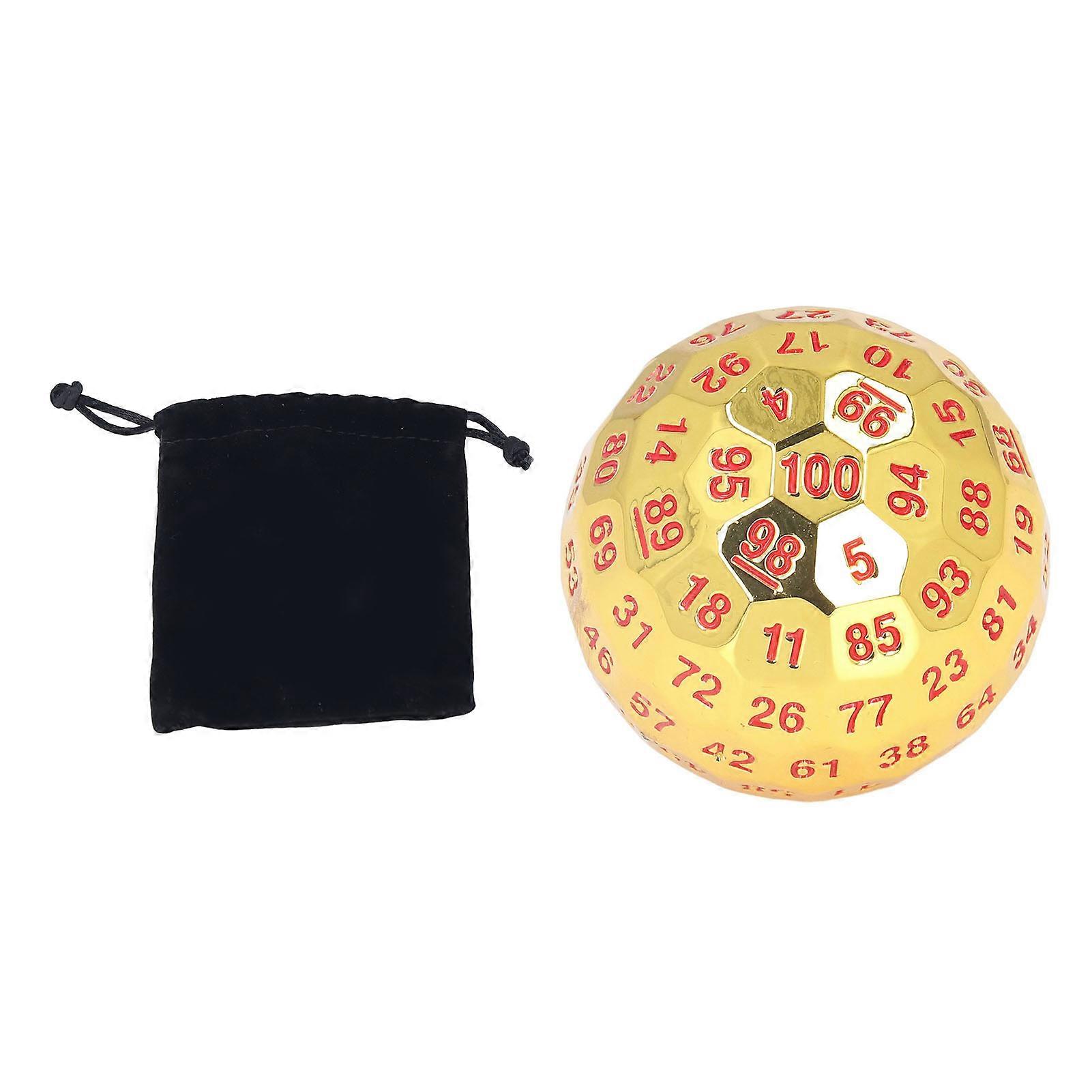 100 Sides Polyhedral Number Dice Metal 5cm Diameter Easy to Read with Velvet Bag for Over 14 Years Old Gold Color