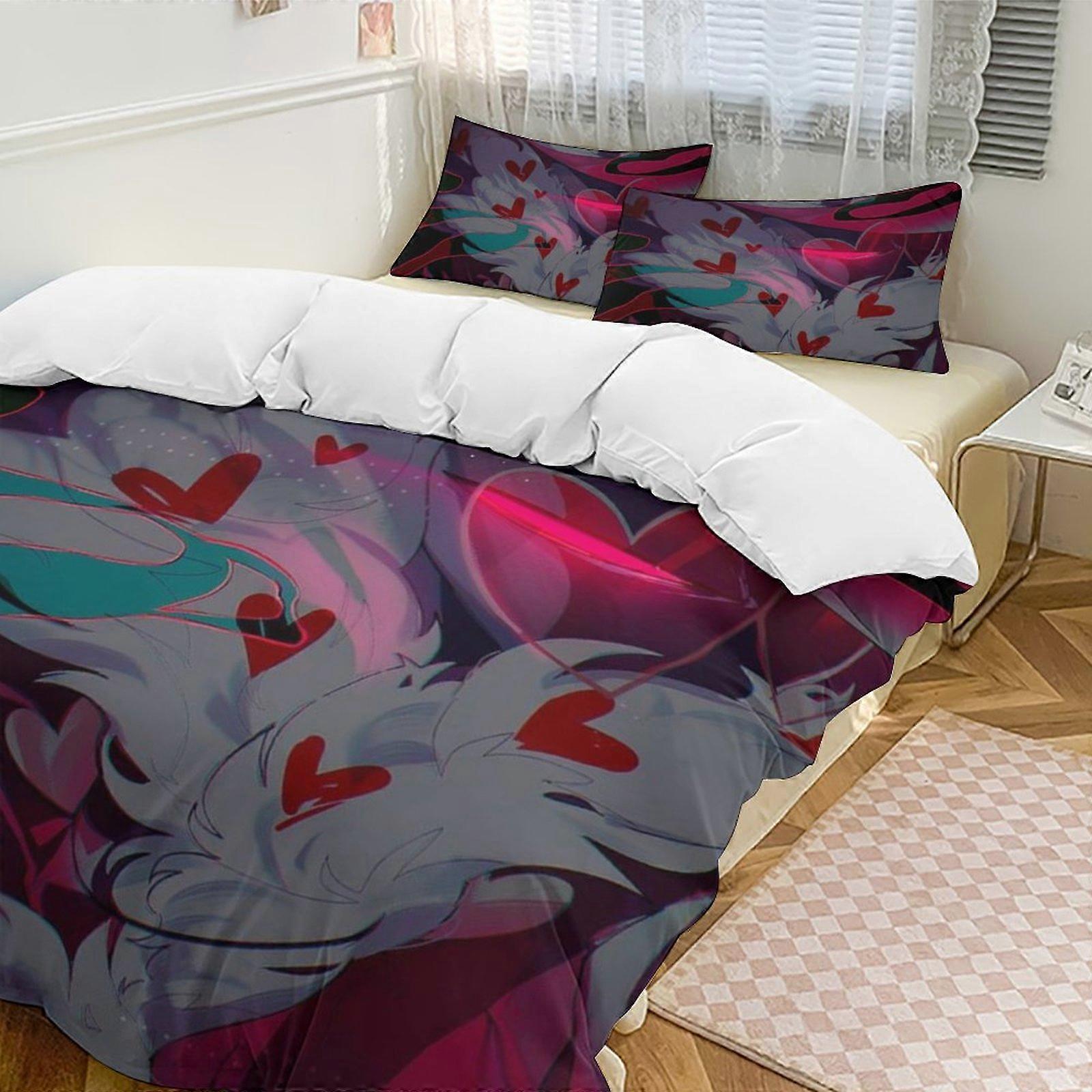 v338 Hazbin Hotel 2 Cama Capa de Edredom Conjuntos de Cama de Microfibra Conjuntos de Edredom Leve de 3 Peças, 1 Capa de Edredom e 2 Fronhas para Crianças aa338