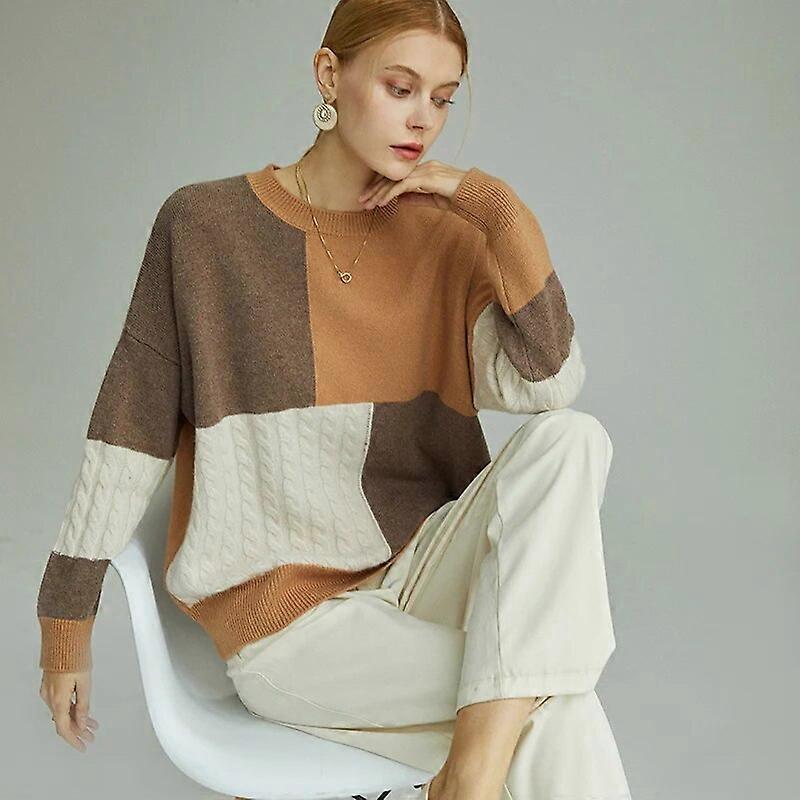 Taille unique pur cachemire dames automne / hiver col rond color-block pull col réduit mode coréenne haut tricoté pull