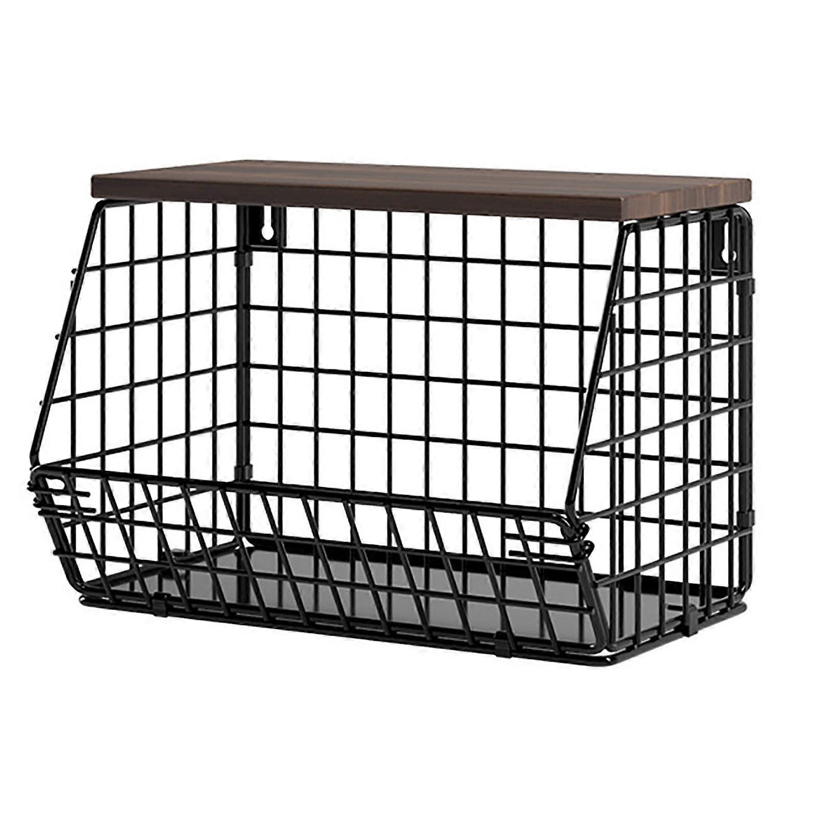 1 Set Fruit Storage Basket Thickened Metal Foldable with Top Shelf And Hooks Wall-Mounted Countertop Kitchen Vegetable Organizer Spice Holder