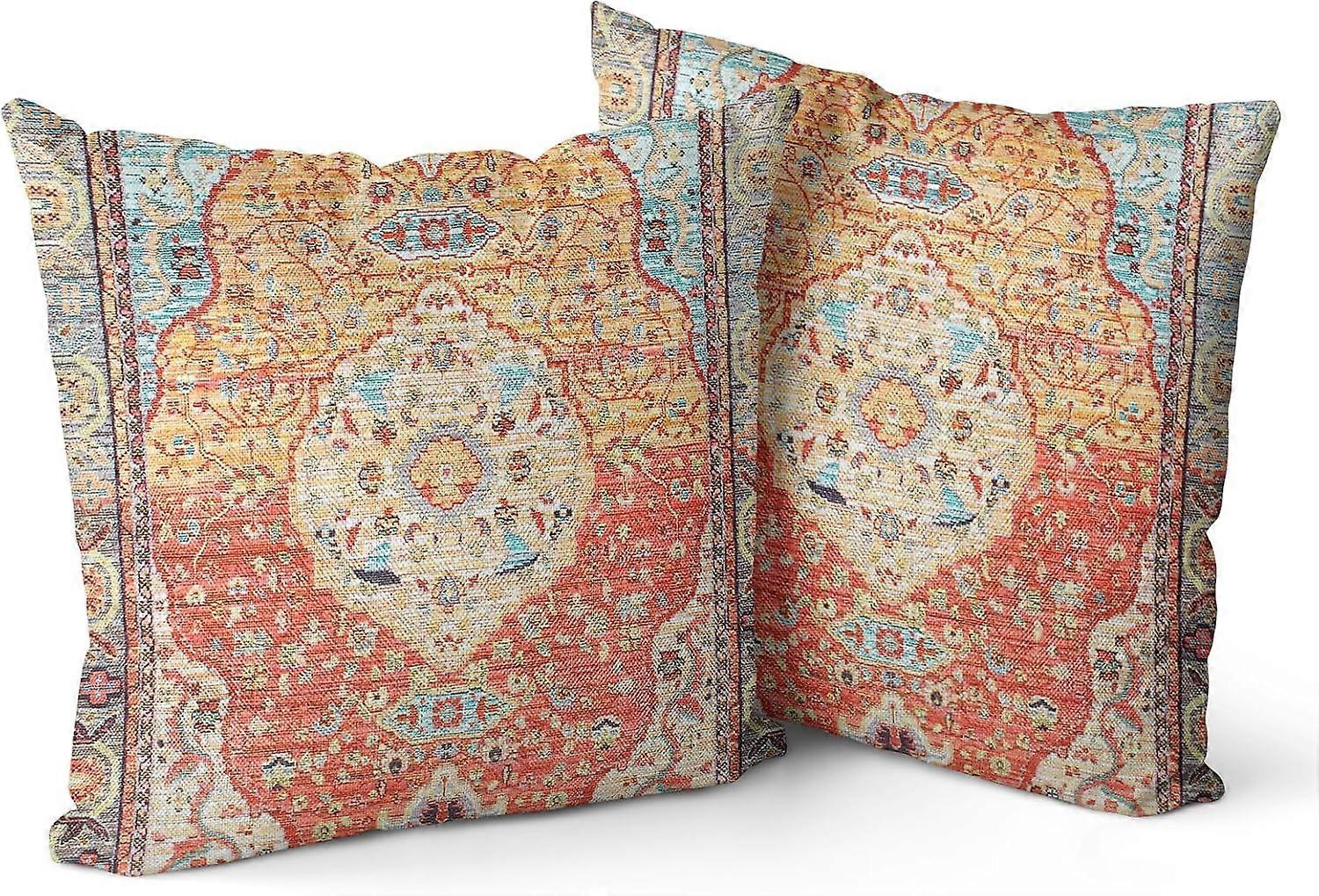 Capas de Almofada Boho 16"x16" Conjunto de 2 Fronhas de Linho com Padrão Duplo Face Bohemian Laranja Monaco para Sofá Cama de Fazenda