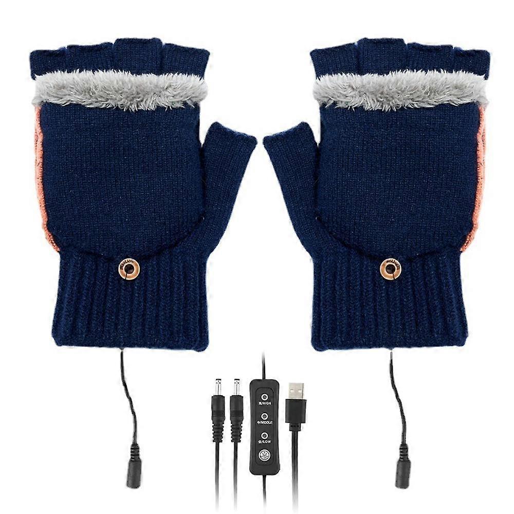 USB Heated Gloves (navy blue), Winter Gloves Men Women Knitted Heated Gloves Washable Mitt with 3 Adjustable Temperatures for Computer Skiing Hiking,