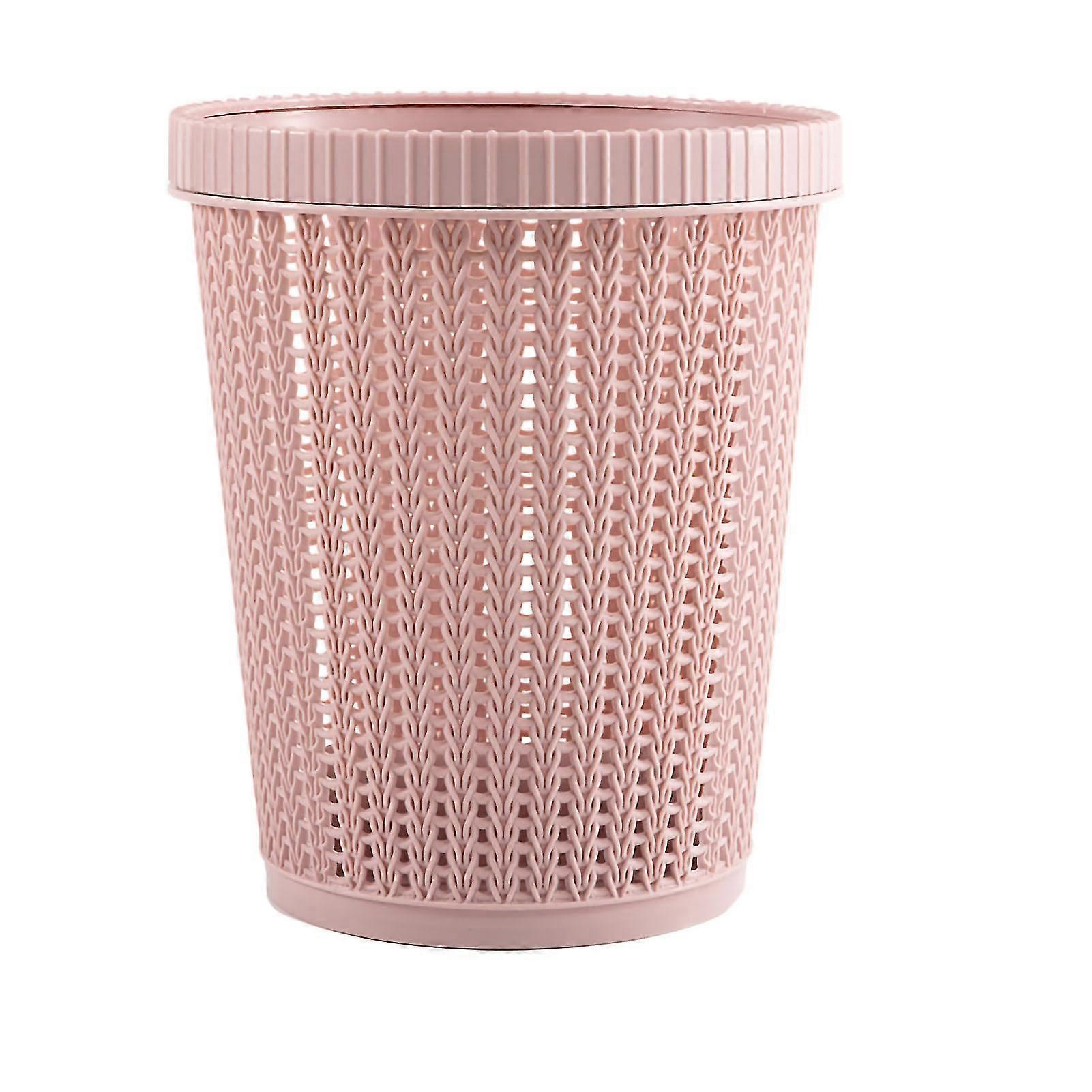 Pink Round Plastic Garbage Bin with Imitation Rattan Design