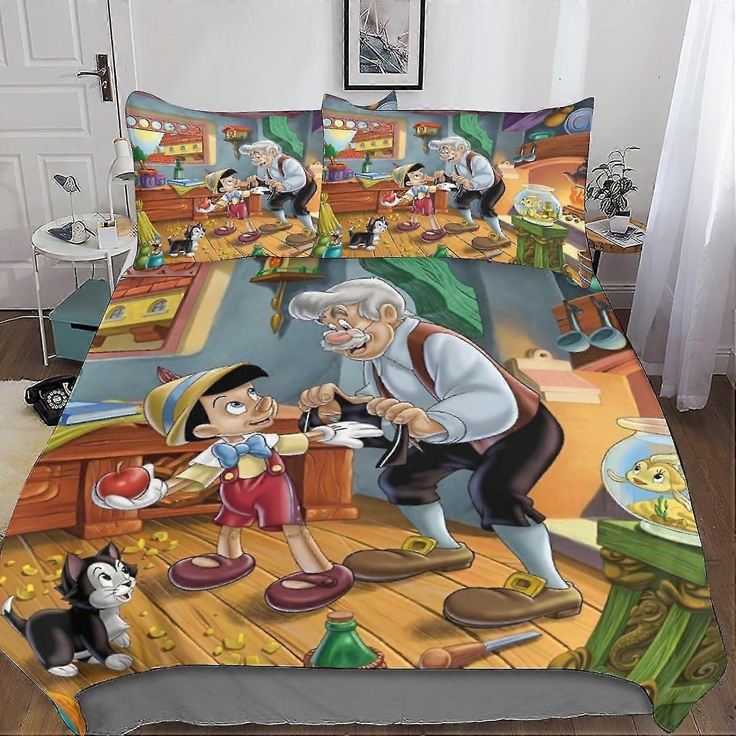 o4336 Lençóis Pinóquio Conjunto de Cama Conjunto de Capa de Edredom para Impressão 3D Conjunto de 3 Peças Macio Respirável Bonito Anime Capa de Edredom Capa de Colcha com Zíper C