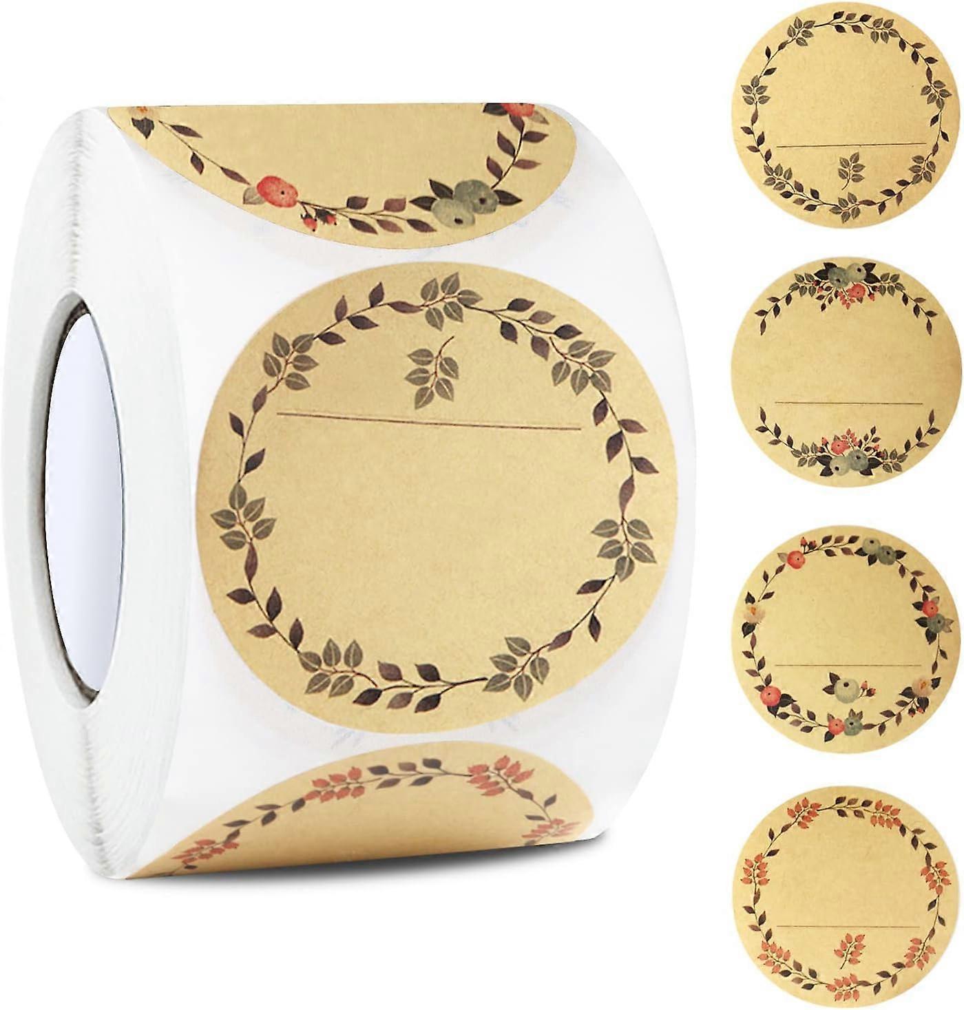 (500pcs Brown) Self-adhesive Kraft Round Labels Flowers and Leaves Jam Labels 5cm Self-adhesive Kraft Paper Labels Gift Wrapping Spice Jar Labels for