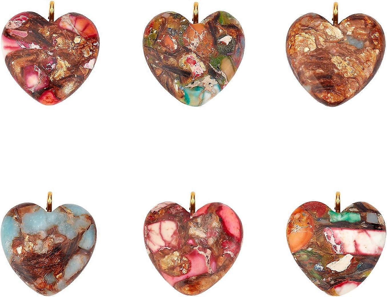 6Pcs 3 Style Assembled Bronzite with Aqua Terra Jasper & Imperial Jasper Gemstone Pendants with Golden Iron Loop Heart 20~22x19~20x5~7mm Hole: 2mm 2pc