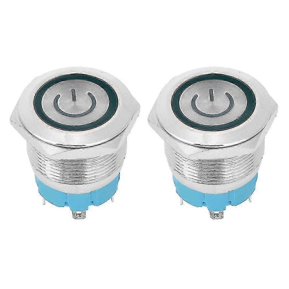 2 Pcs Button Switch Flat Head Self Reset IP65 220VAC 22mm 4 Pin Switch with Light(Green )