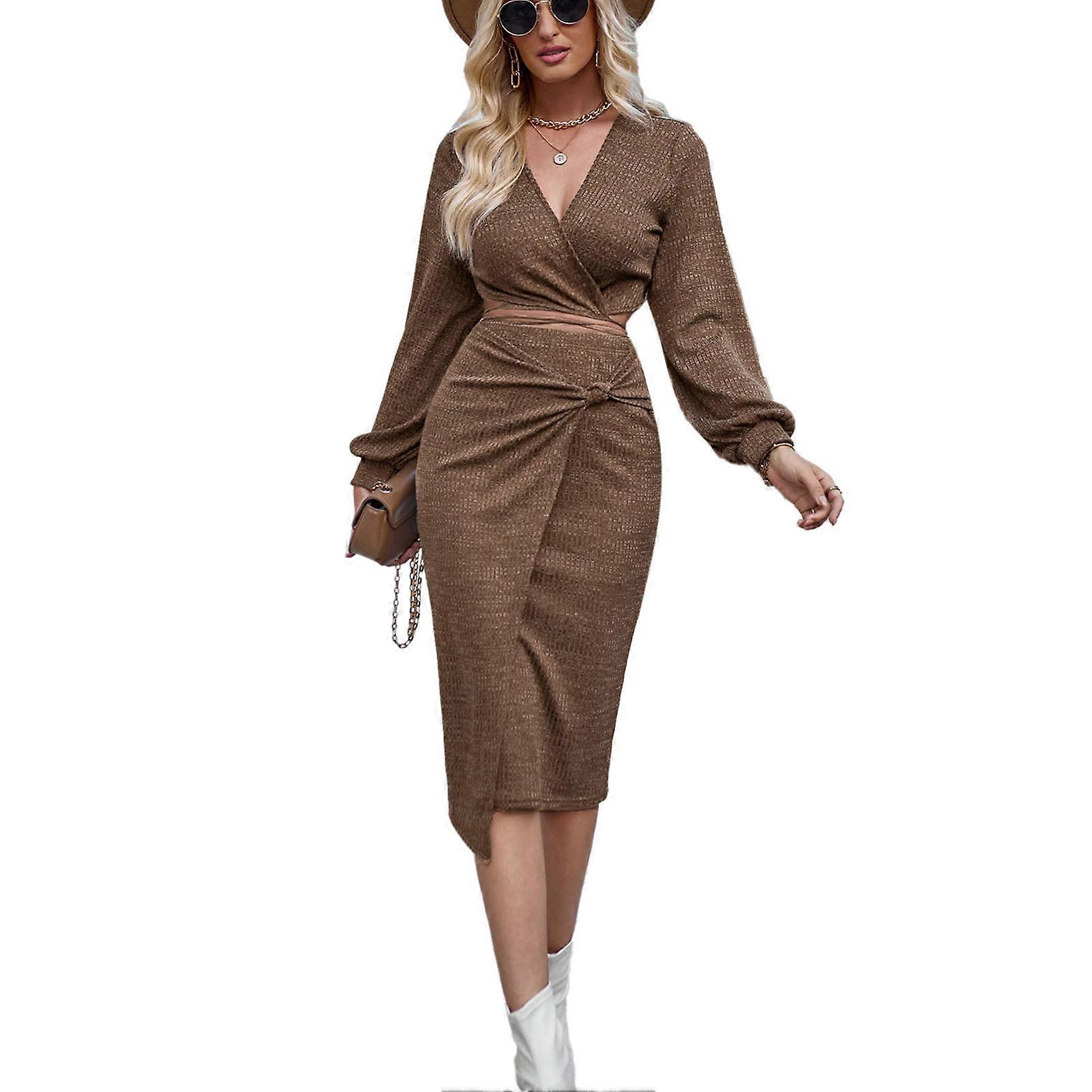 Dames 2-delige outfit rok set V-hals lange mouw taille knoop split split bodycon wikkelrok set bruin XL