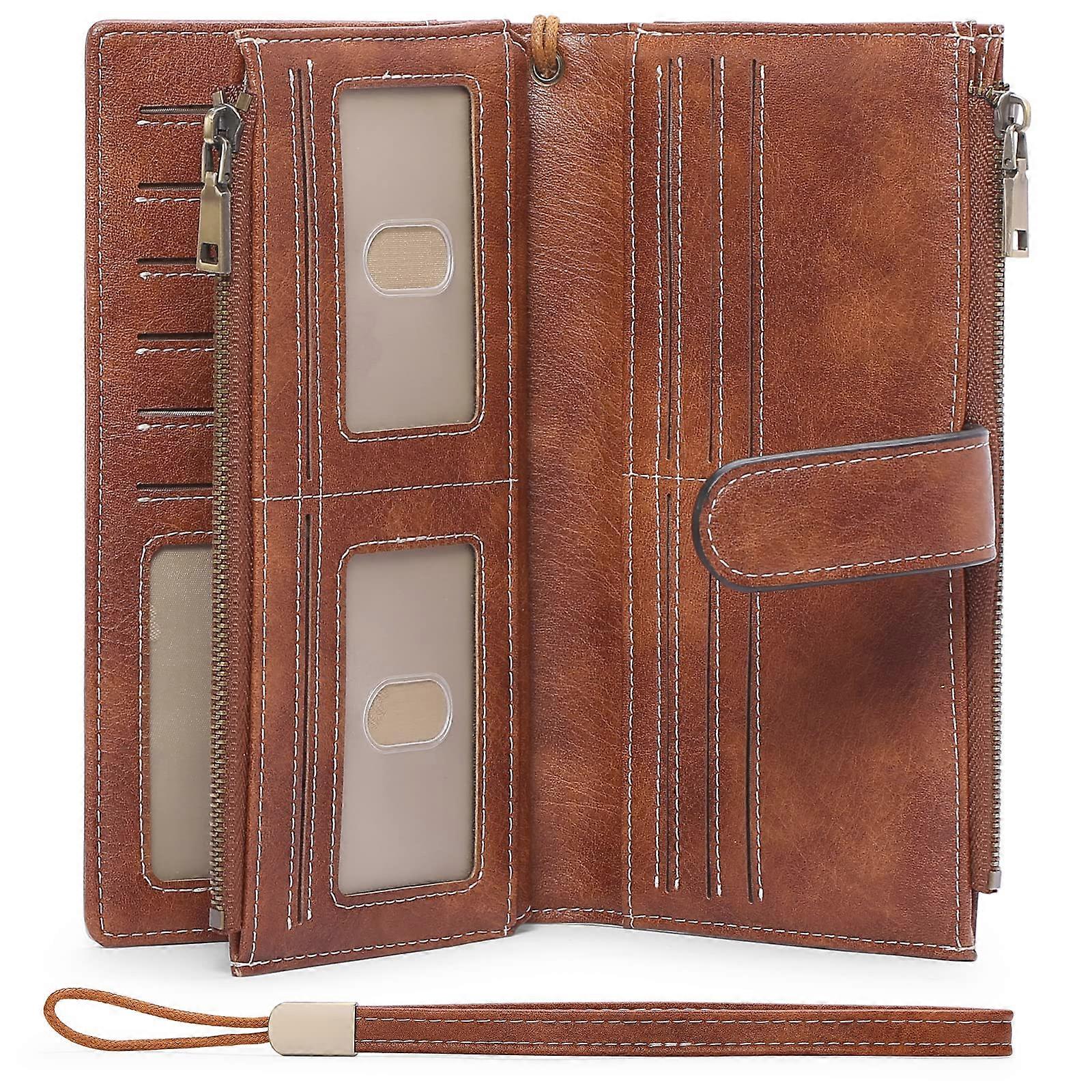 Wallet for Women, Leather Bifold Clutch with Double Zipper Pocket, Credit Card Holder and Wristlet Strap in Multiple Colors