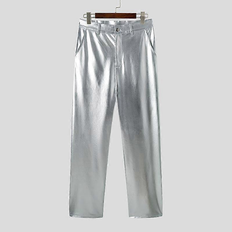 INCERUN Spring Men's Silver Straight Loose Shining Maxi Trousers