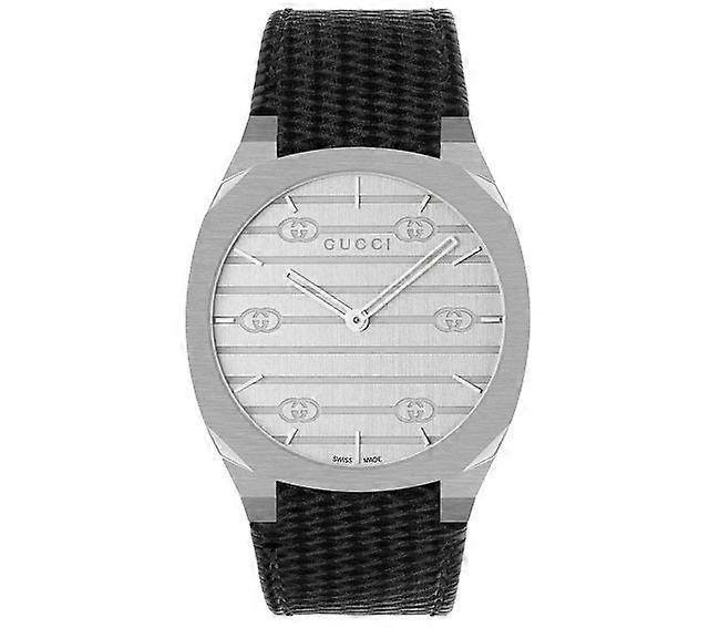 Gucci 25h Ya163419 Unisex Watch – Silver Dial, Black Leather Strap