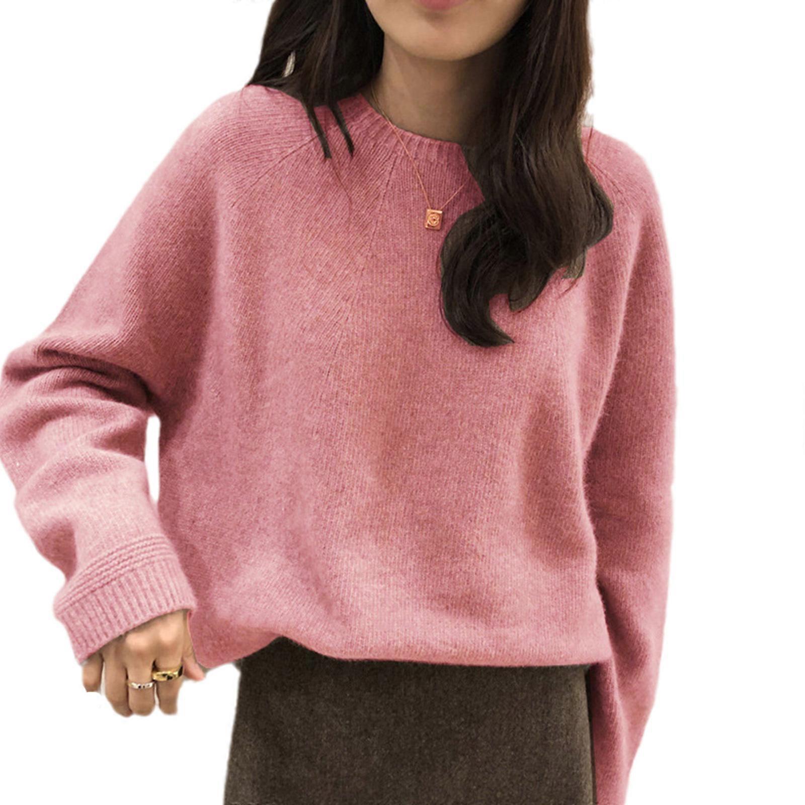 Damen Herbst Raglan Langarm Pullover Einfach Einfarbig Kunstwolle Warm Pullover Top Rundhals Basic Lose Strickpullover Streetwear Rosa