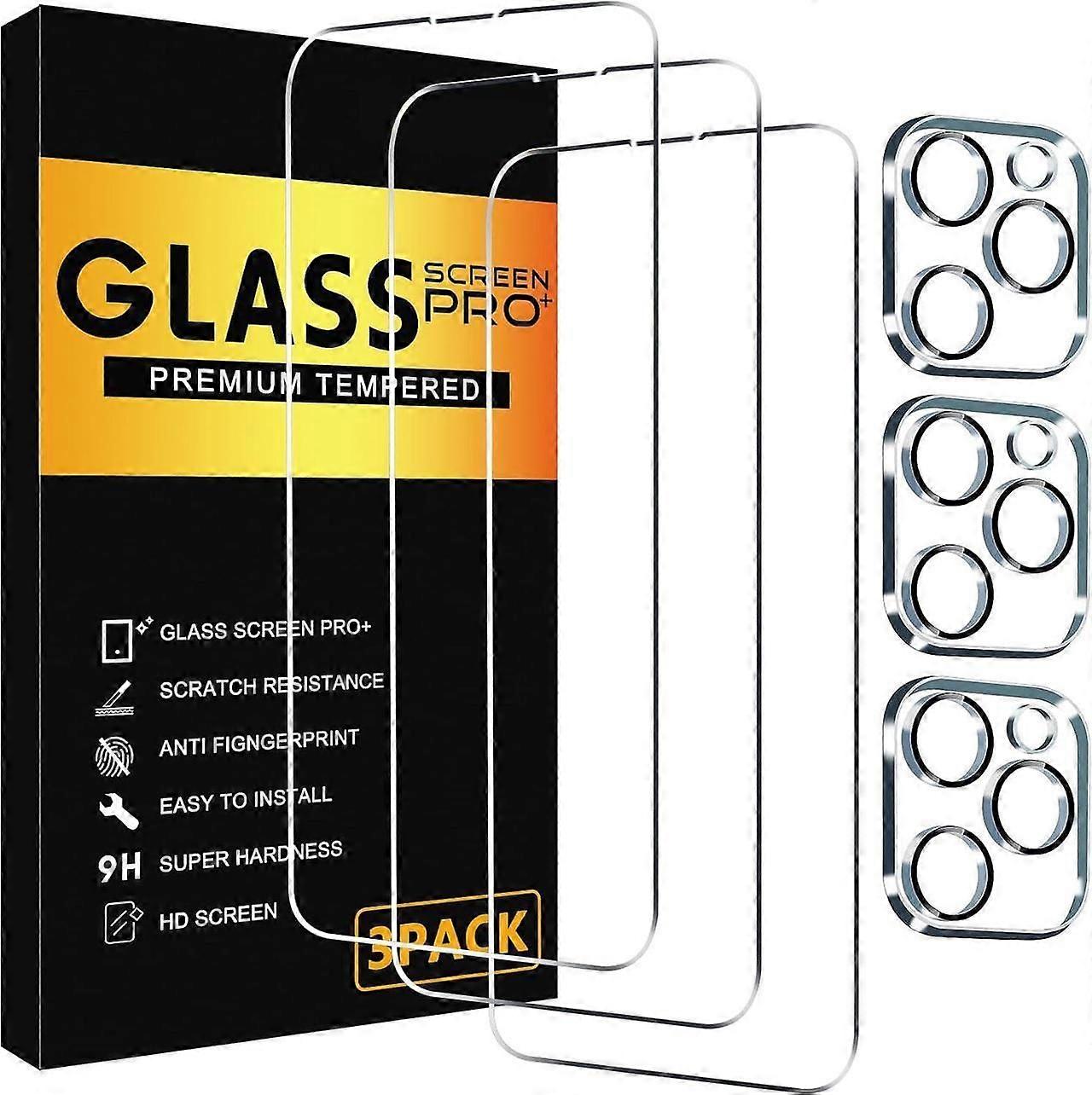 3 Pack Screen Protector for iPhone 14 Pro Max with 3 Pack Camera Lens Tempered Glass Protector, 6.7 Inch HD Clear Glass Film 9H Hardness Full Coverage