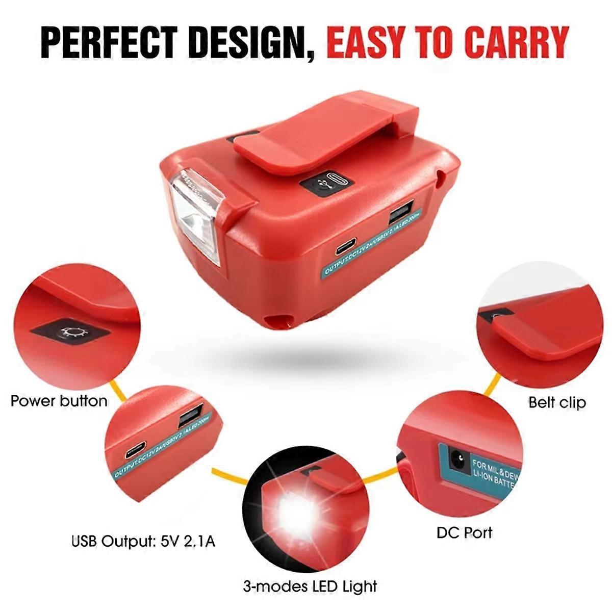 For Milwaukee 18V Li-Ion Battery Adapter with LED Work Light,Portable Power Source with 5V USB Type-