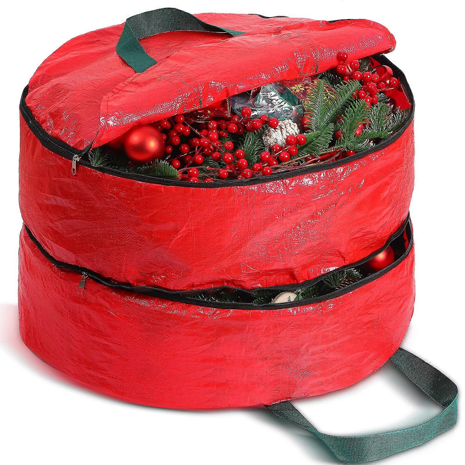 Double Layer Christmas Wreath Storage Container Bag 30-Inch Red Dual Zippers And Handles Wreath Storage Case Pure Color
