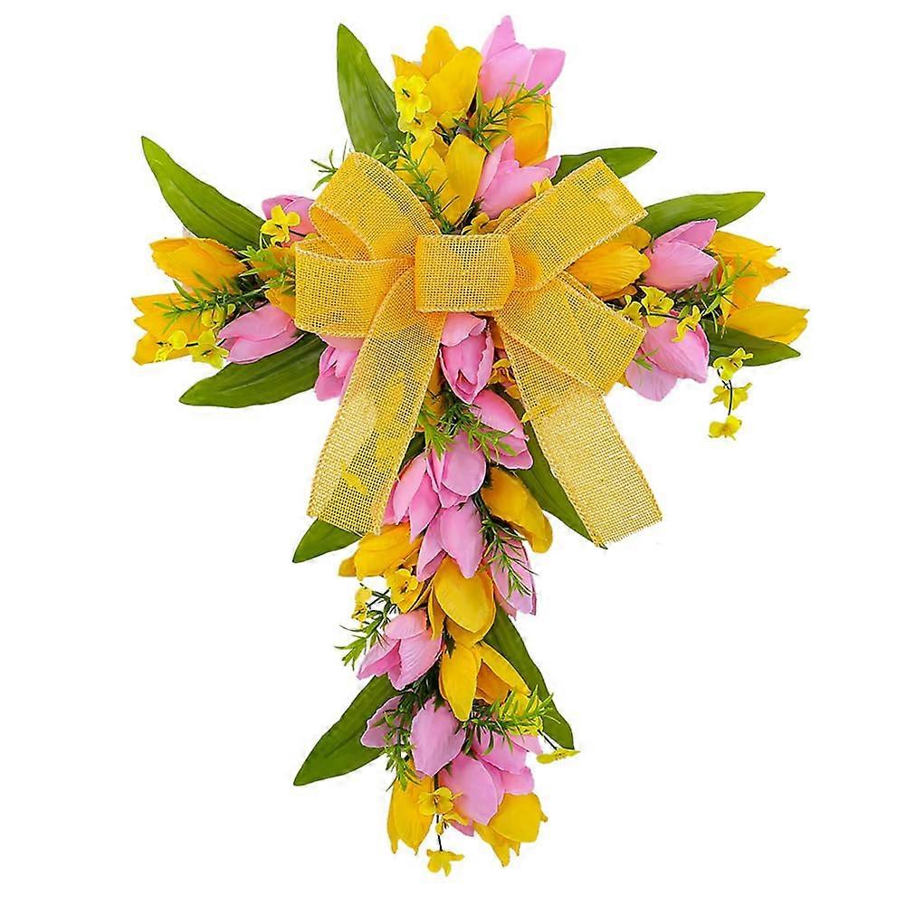 Easter Cross Wreath, Easter Cross Tulip Wreath, Front Door Cross Wreath, Artificial Floral Wreath Pendant, Cross Gauze Wreath