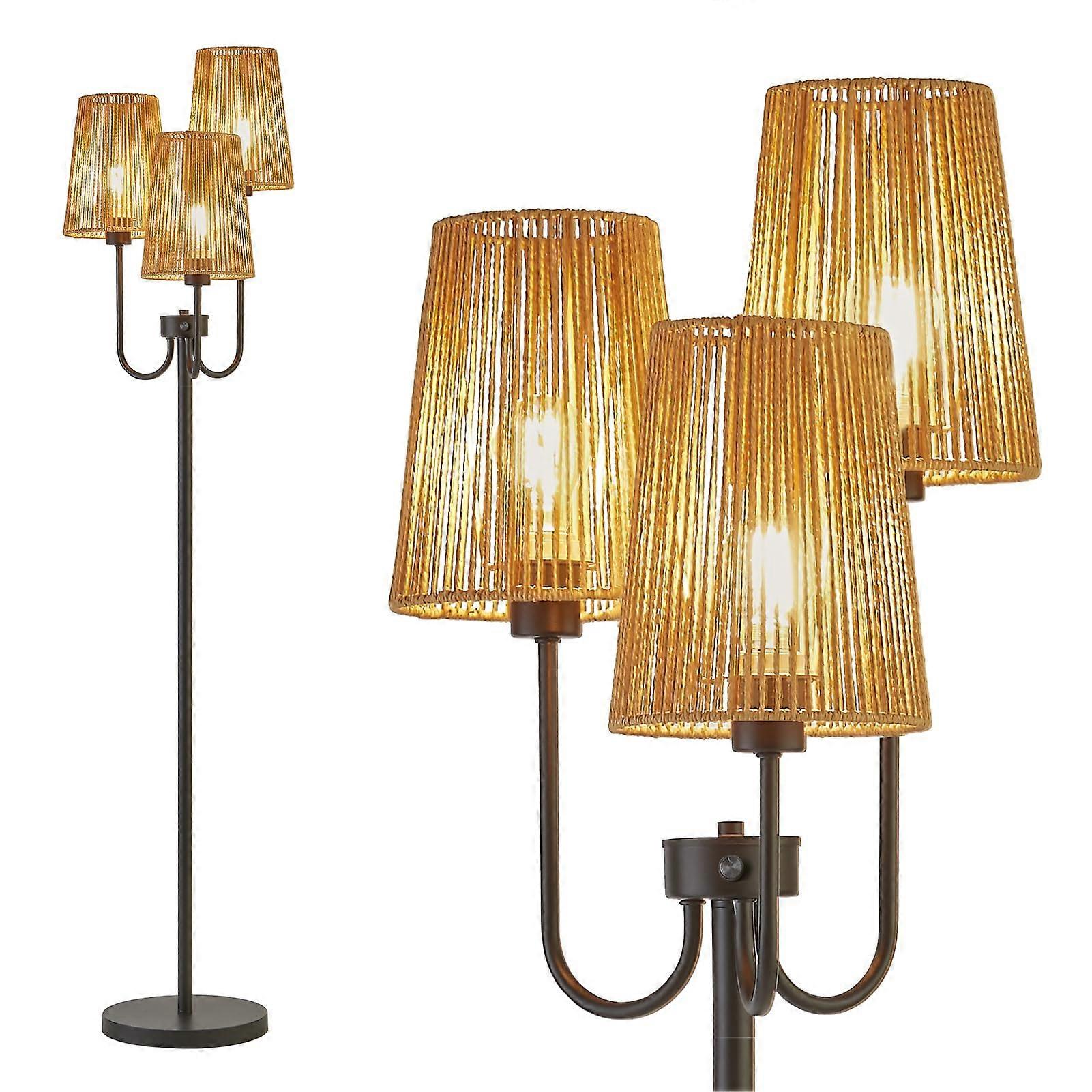 Boho Floor Lamp for Living Room, 3Light Rotary Switch Farmhouse Standing Bedroom Lamp with Rattan Shade