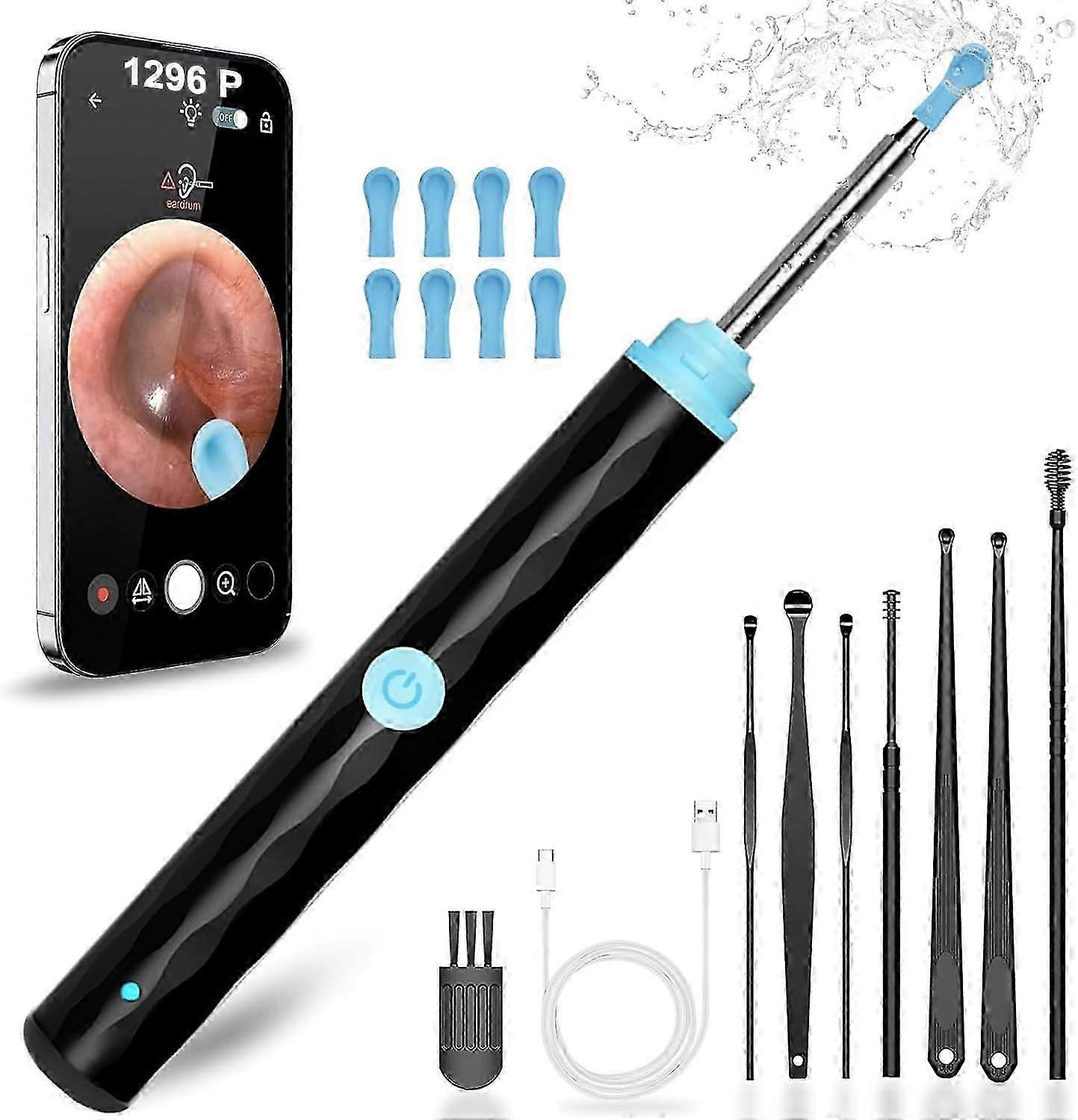 Kit de Remoção de Cera de Ouvido com Câmera Integrada 1296P Segura Limpa Ouvido Inclui 9 Palhetas de Ouvido & 8 Ferramentas Tradicionais